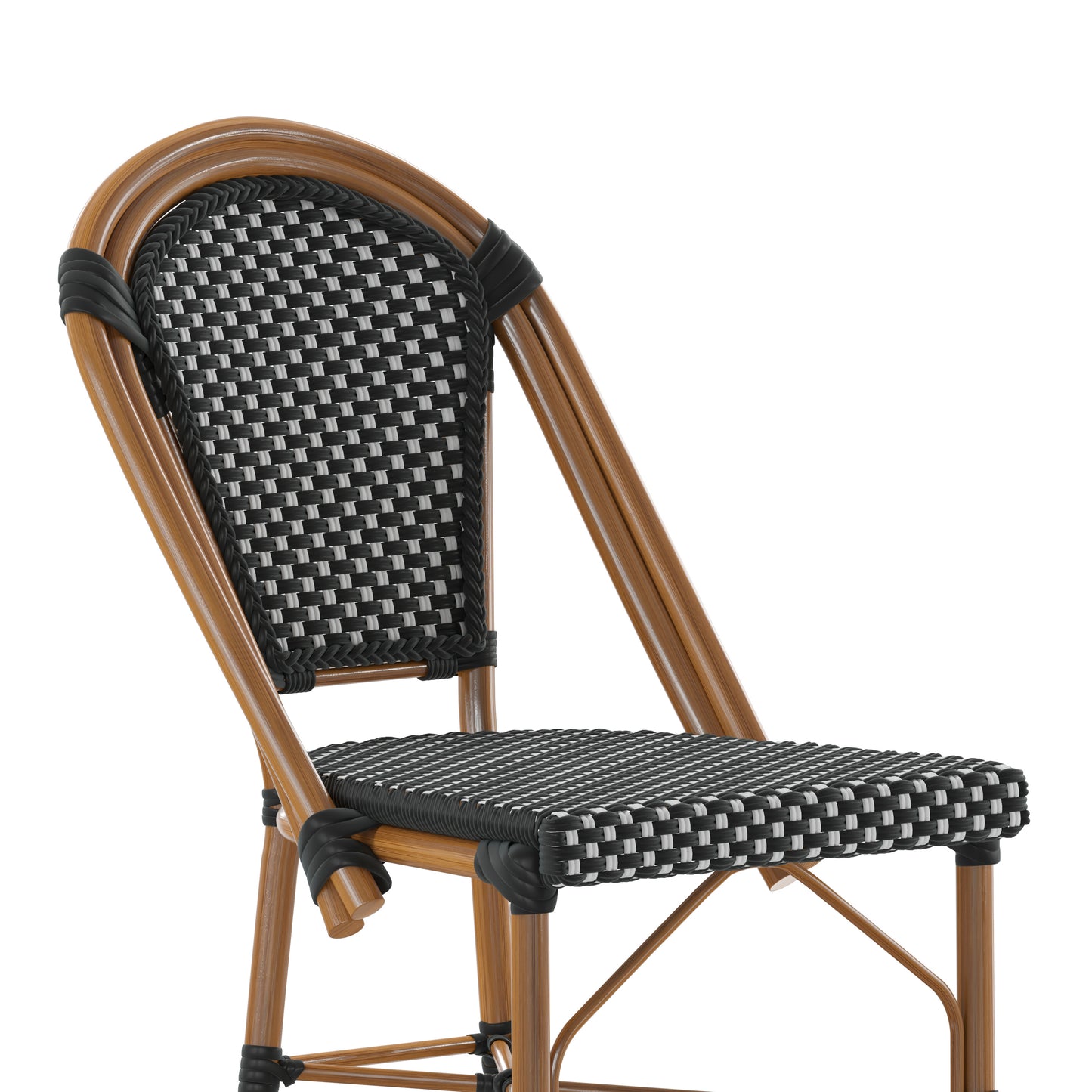 Bordeaux Stackable Indoor/Outdoor Bistro 30" High Barstool, Commercial Grade, Black/White and Bamboo Finish Black & White/Natural Frame