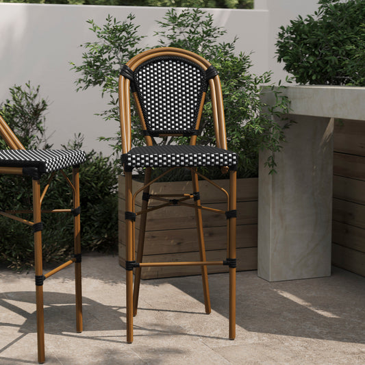Bordeaux Stackable Indoor/Outdoor Bistro 30" High Barstool, Commercial Grade, Black/White and Bamboo Finish Black & White/Natural Frame