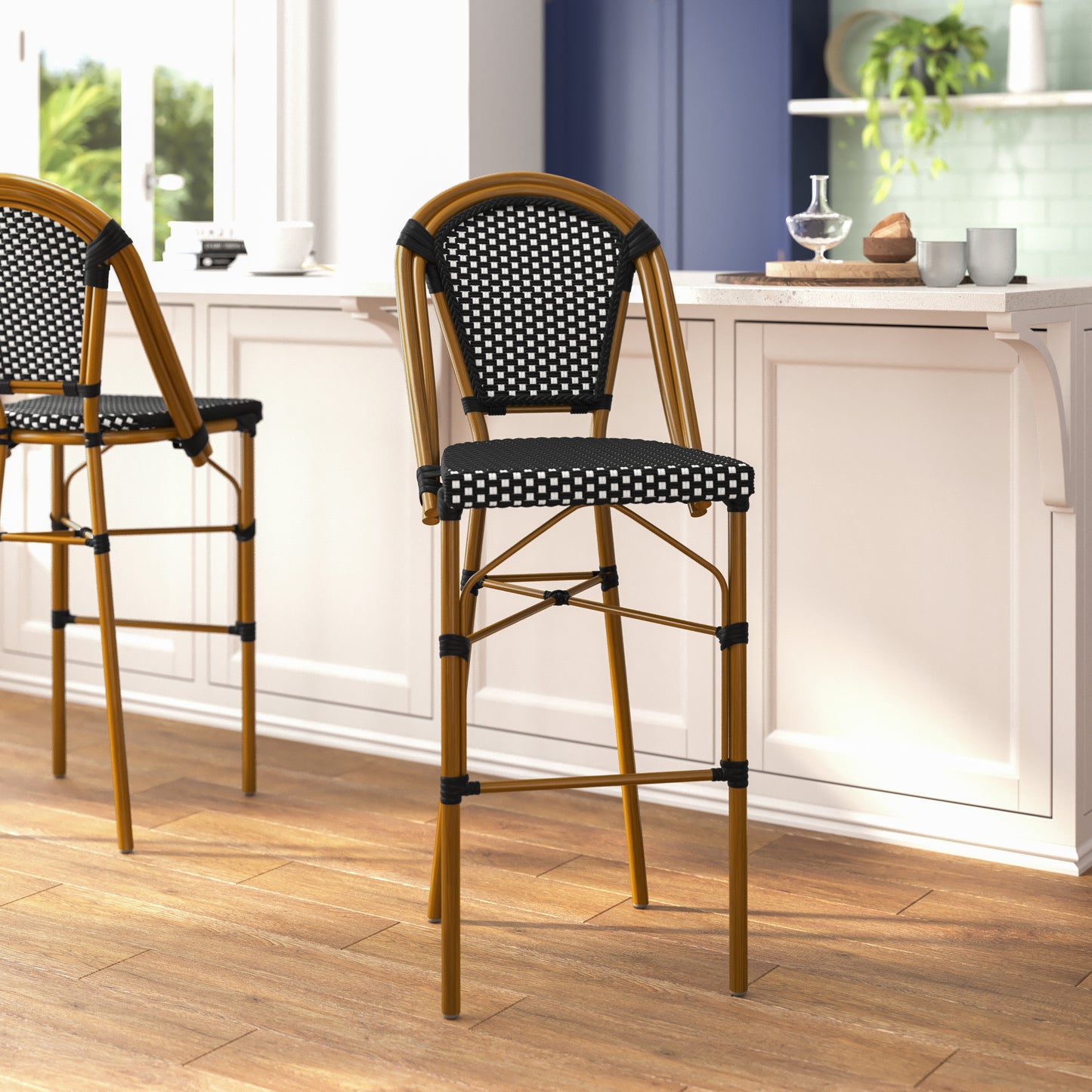 Bordeaux Stackable Indoor/Outdoor Bistro 30" High Barstool, Commercial Grade, Black/White and Bamboo Finish Black & White/Natural Frame