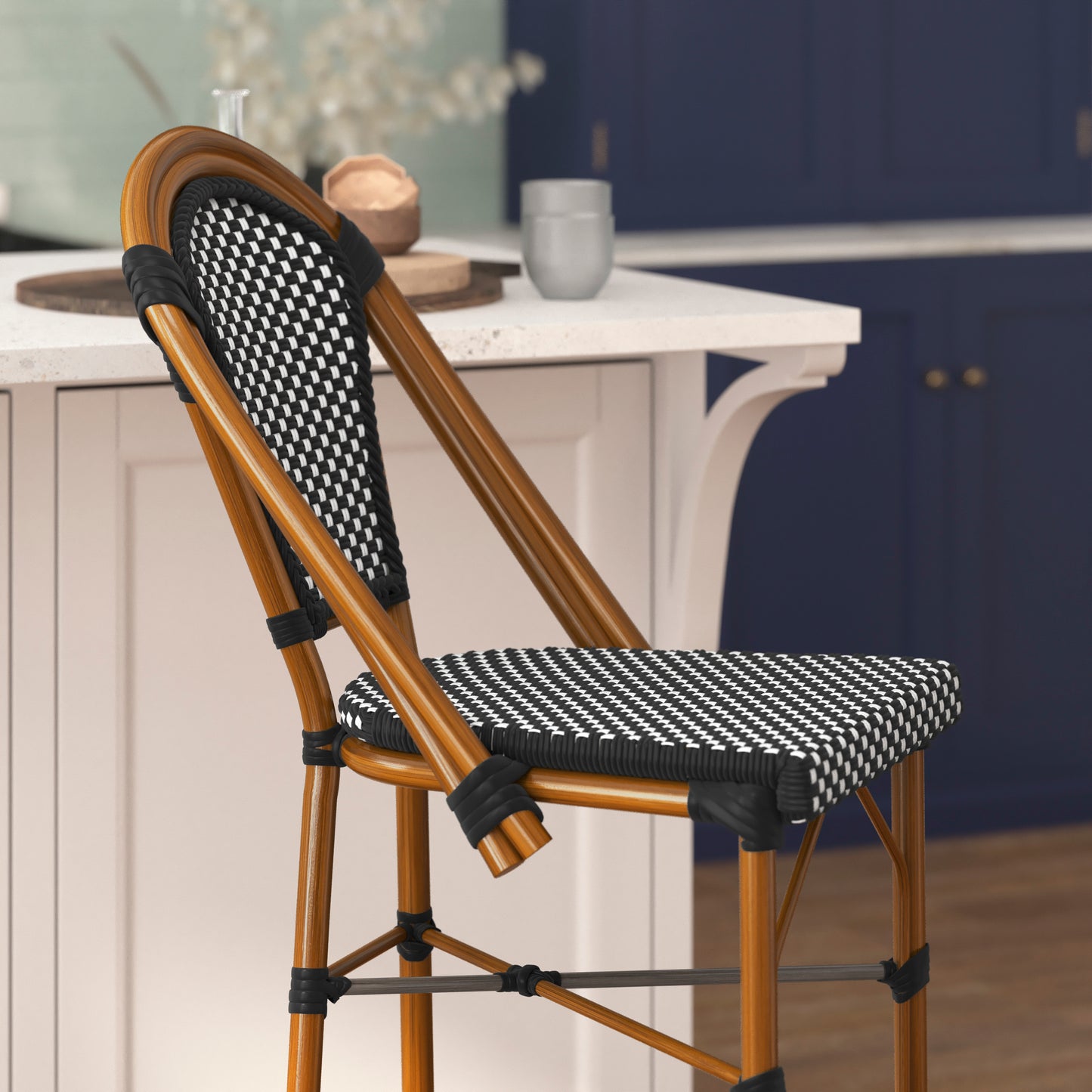 Bordeaux Stackable Indoor/Outdoor Bistro 30" High Barstool, Commercial Grade, Black/White and Bamboo Finish Black & White/Natural Frame