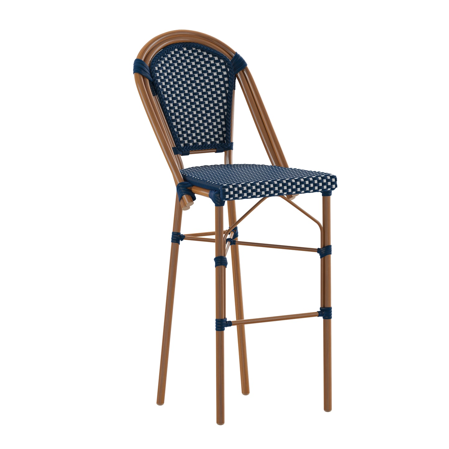 Bordeaux Stackable Indoor/Outdoor Bistro 30" High Barstool, Commercial Grade, Navy/White and Bamboo Finish Navy & White/Natural Frame SDA-AD642001-BS-NVYWH-NAT-GG
