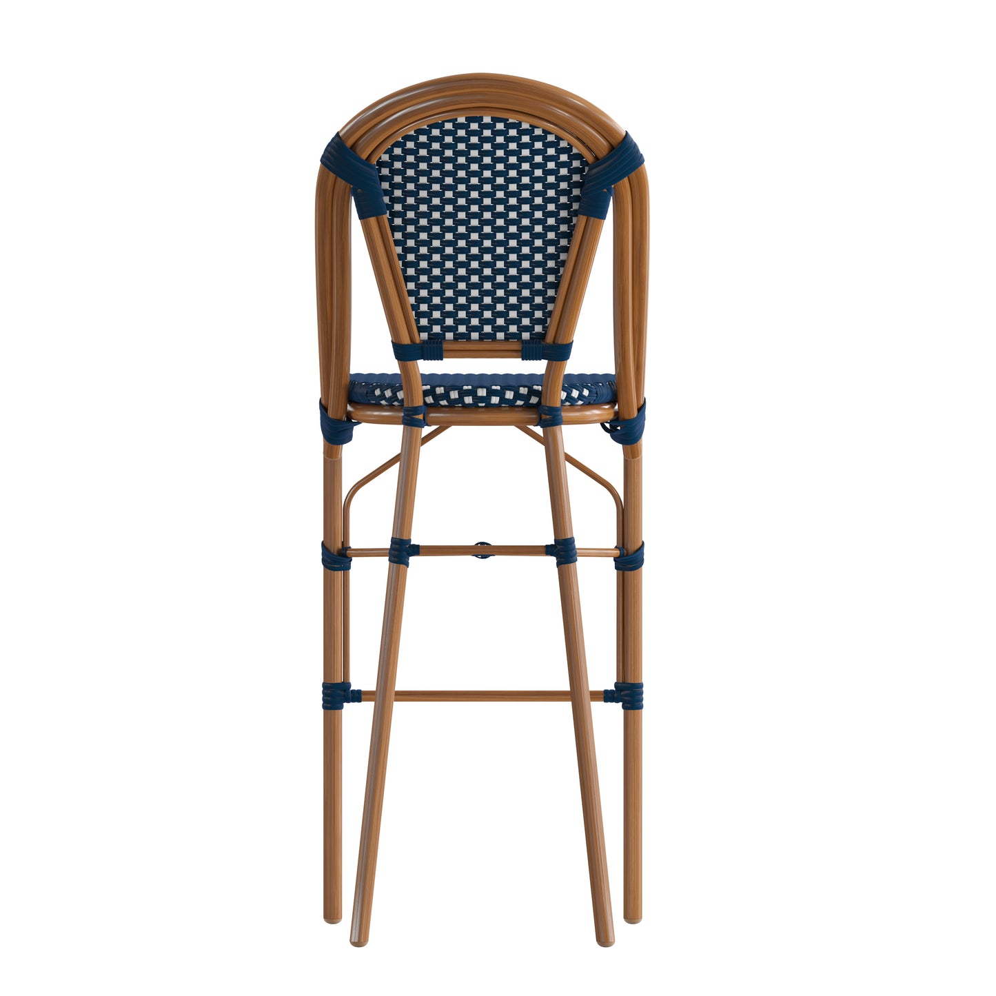 Bordeaux Stackable Indoor/Outdoor Bistro 30" High Barstool, Commercial Grade, Navy/White and Bamboo Finish Navy & White/Natural Frame SDA-AD642001-BS-NVYWH-NAT-GG