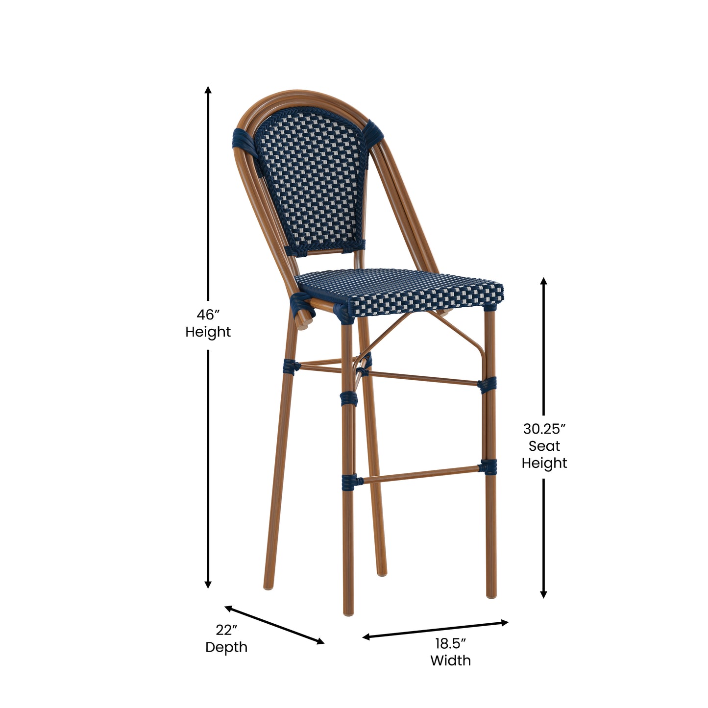Bordeaux Stackable Indoor/Outdoor Bistro 30" High Barstool, Commercial Grade, Navy/White and Bamboo Finish Navy & White/Natural Frame SDA-AD642001-BS-NVYWH-NAT-GG