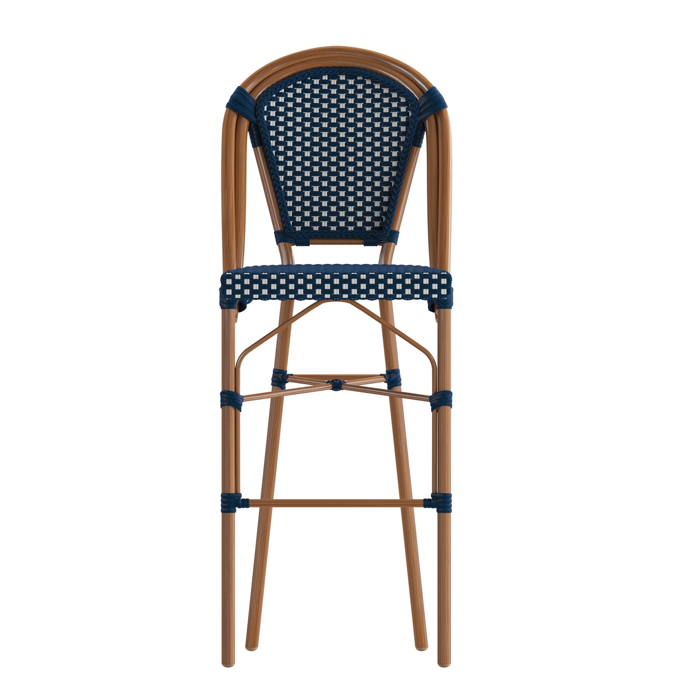 Bordeaux Stackable Indoor/Outdoor Bistro 30" High Barstool, Commercial Grade, Navy/White and Bamboo Finish Navy & White/Natural Frame SDA-AD642001-BS-NVYWH-NAT-GG