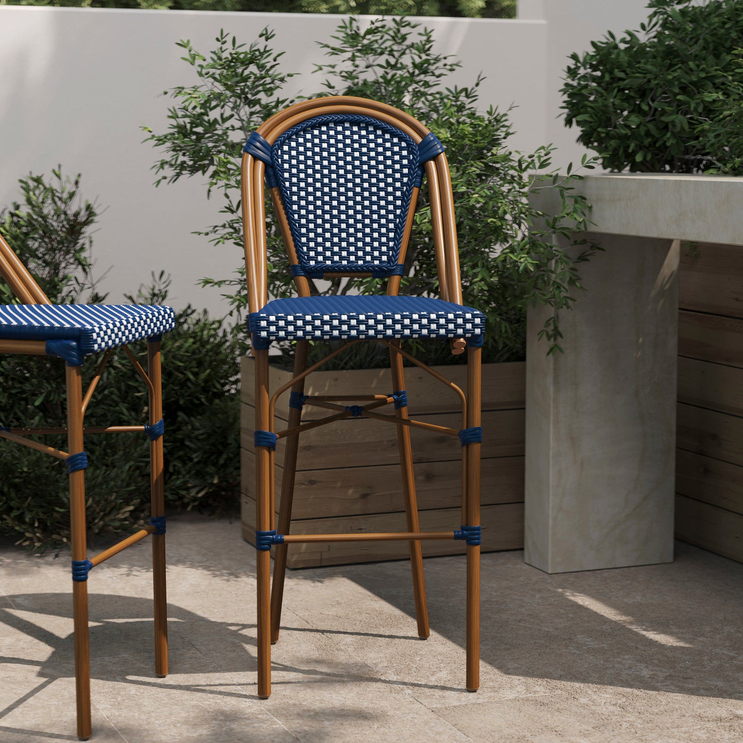 Bordeaux Stackable Indoor/Outdoor Bistro 30" High Barstool, Commercial Grade, Navy/White and Bamboo Finish Navy & White/Natural Frame SDA-AD642001-BS-NVYWH-NAT-GG