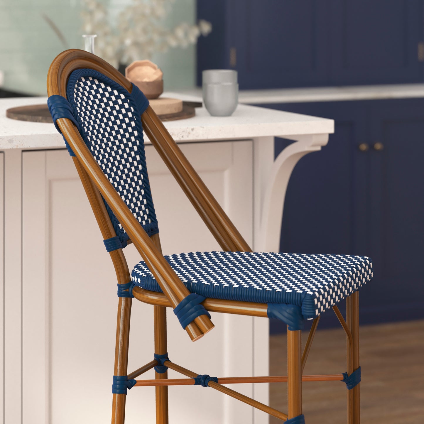 Bordeaux Stackable Indoor/Outdoor Bistro 30" High Barstool, Commercial Grade, Navy/White and Bamboo Finish Navy & White/Natural Frame SDA-AD642001-BS-NVYWH-NAT-GG