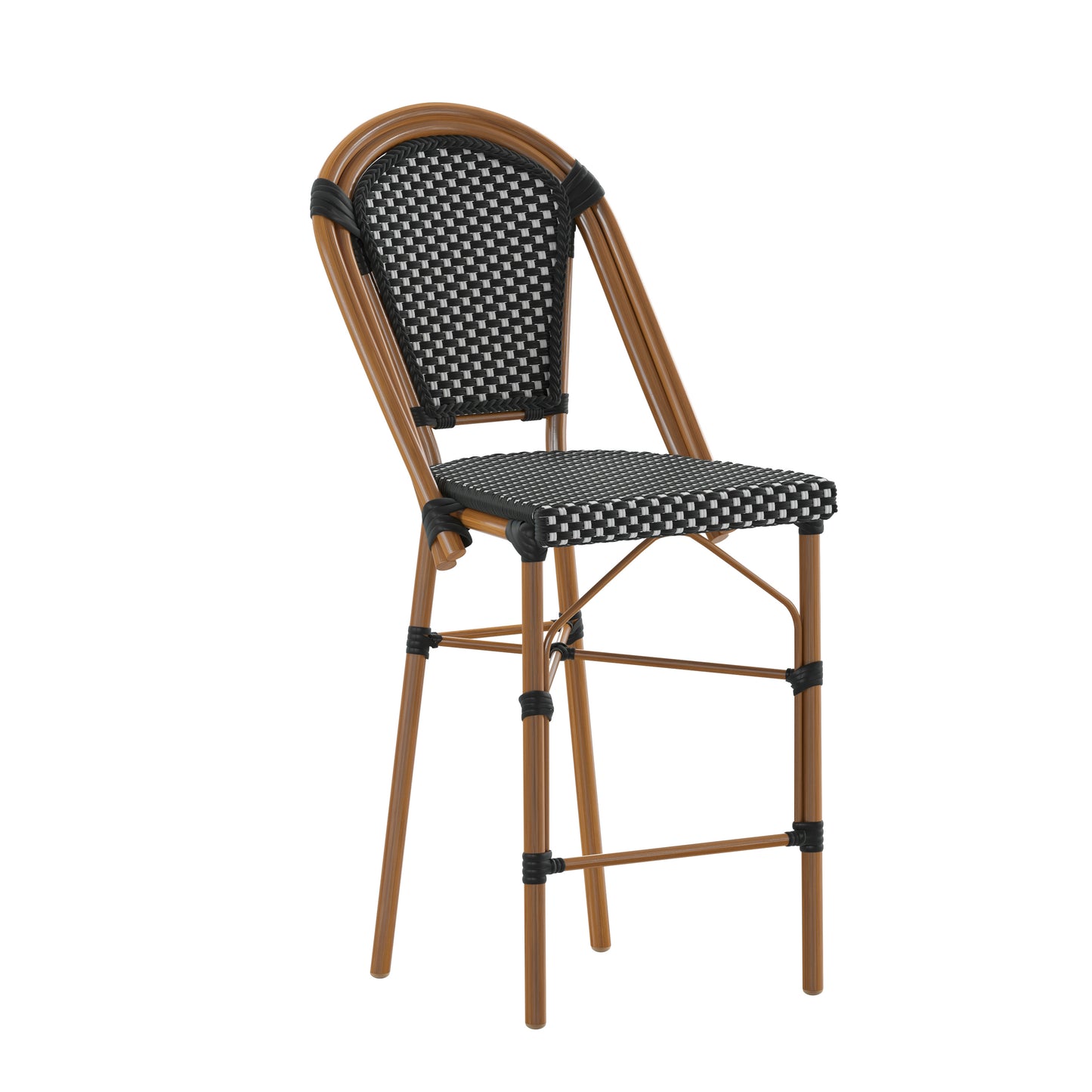 Bordeaux Stackable Indoor/Outdoor Bistro 26" High Counter Height Stool, Commercial Grade, Black/White and Bamboo Finish Black & White/Natural Frame