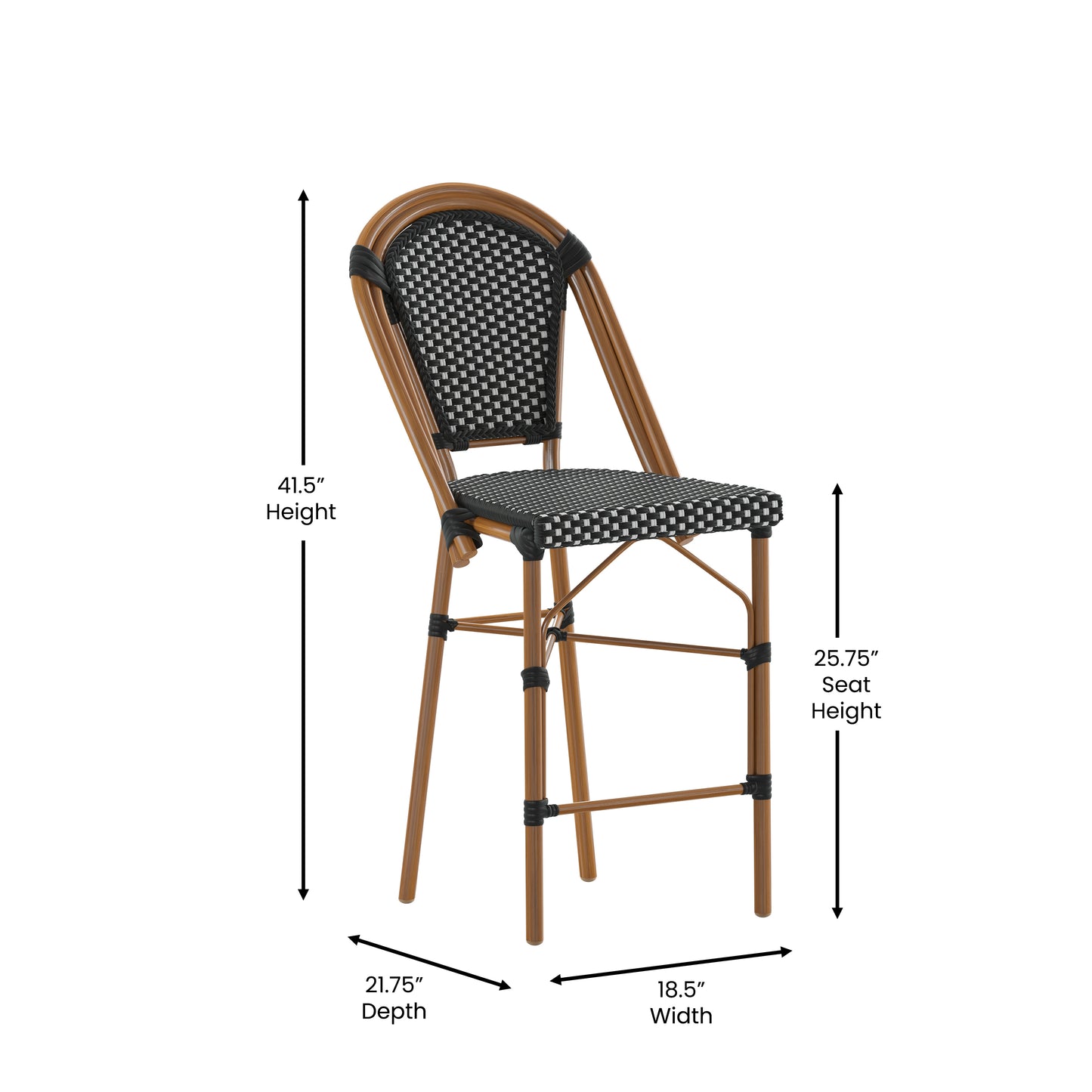 Bordeaux Stackable Indoor/Outdoor Bistro 26" High Counter Height Stool, Commercial Grade, Black/White and Bamboo Finish Black & White/Natural Frame