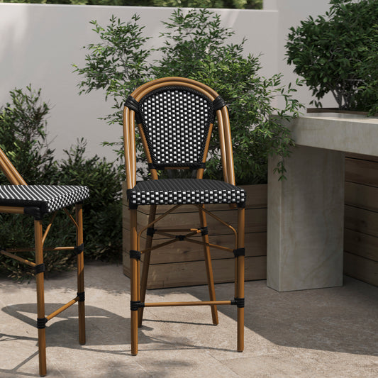 Bordeaux Stackable Indoor/Outdoor Bistro 26" High Counter Height Stool, Commercial Grade, Black/White and Bamboo Finish Black & White/Natural Frame