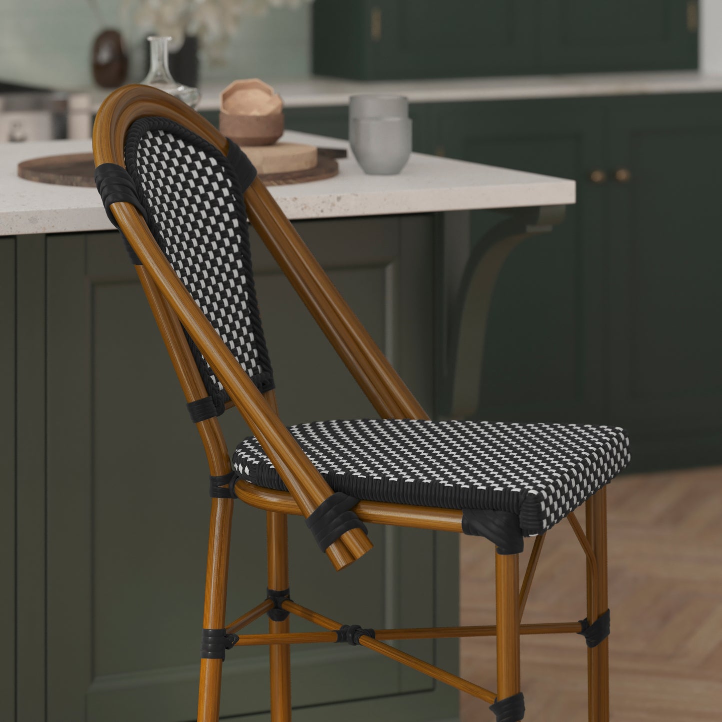 Bordeaux Stackable Indoor/Outdoor Bistro 26" High Counter Height Stool, Commercial Grade, Black/White and Bamboo Finish Black & White/Natural Frame