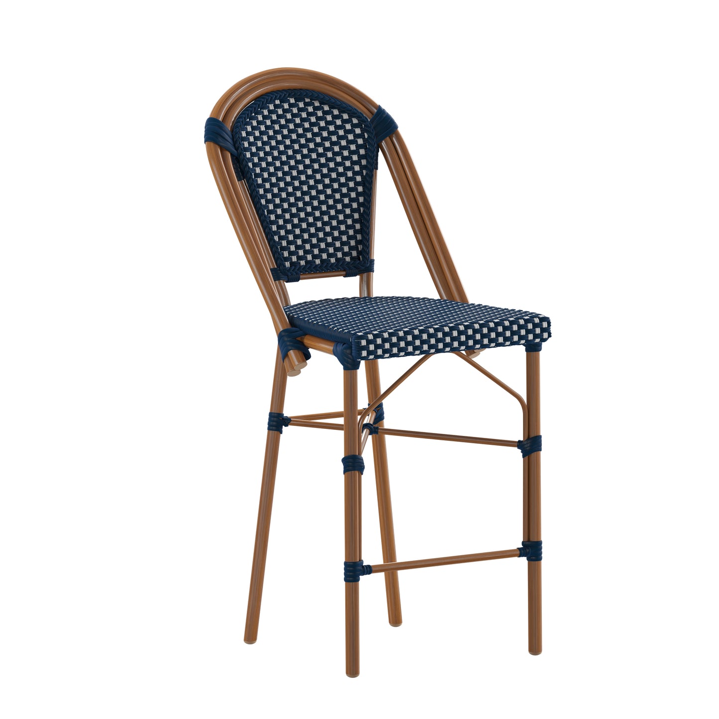 Bordeaux Stackable Indoor/Outdoor Bistro 26" High Counter Height Stool, Commercial Grade, Navy/White and Bamboo Finish Navy & White/Natural Frame