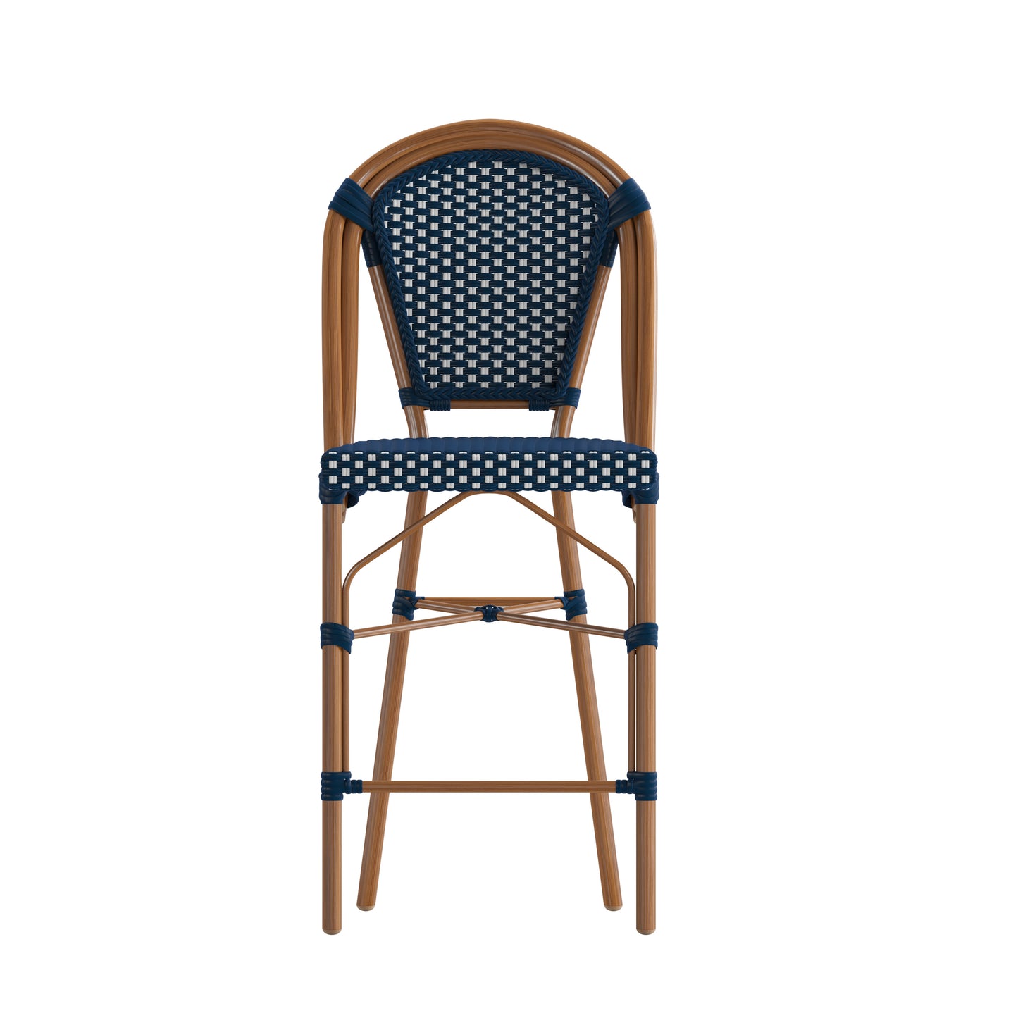 Bordeaux Stackable Indoor/Outdoor Bistro 26" High Counter Height Stool, Commercial Grade, Navy/White and Bamboo Finish Navy & White/Natural Frame
