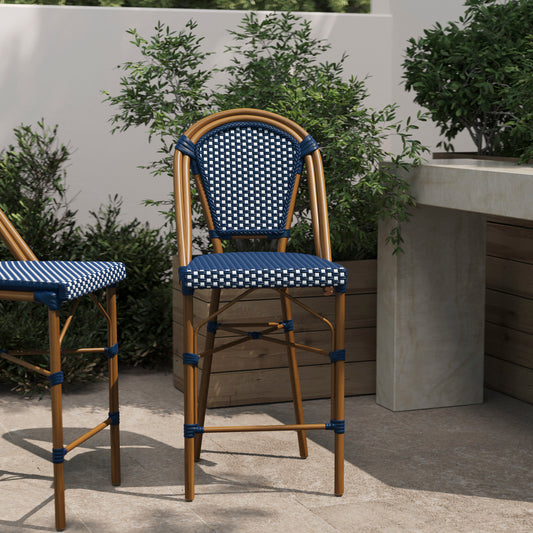 Bordeaux Stackable Indoor/Outdoor Bistro 26" High Counter Height Stool, Commercial Grade, Navy/White and Bamboo Finish Navy & White/Natural Frame