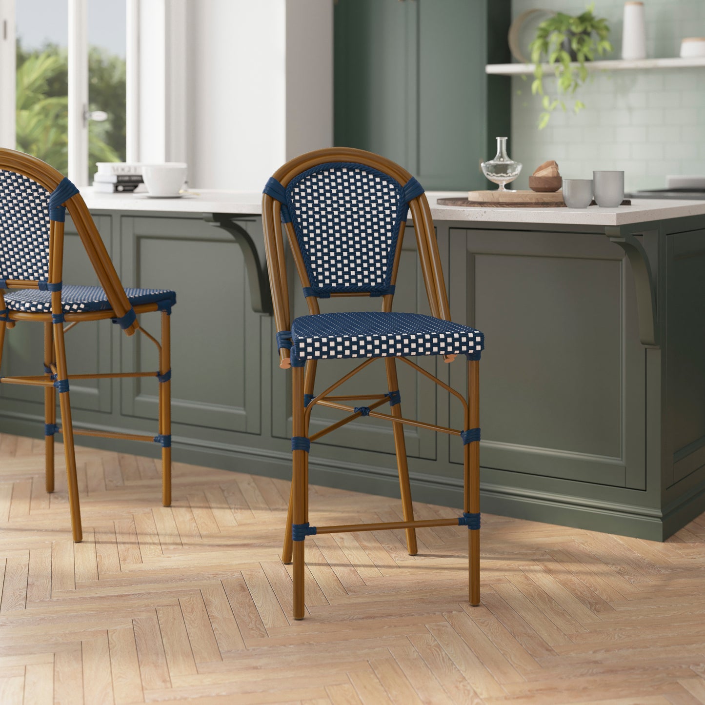 Bordeaux Stackable Indoor/Outdoor Bistro 26" High Counter Height Stool, Commercial Grade, Navy/White and Bamboo Finish Navy & White/Natural Frame