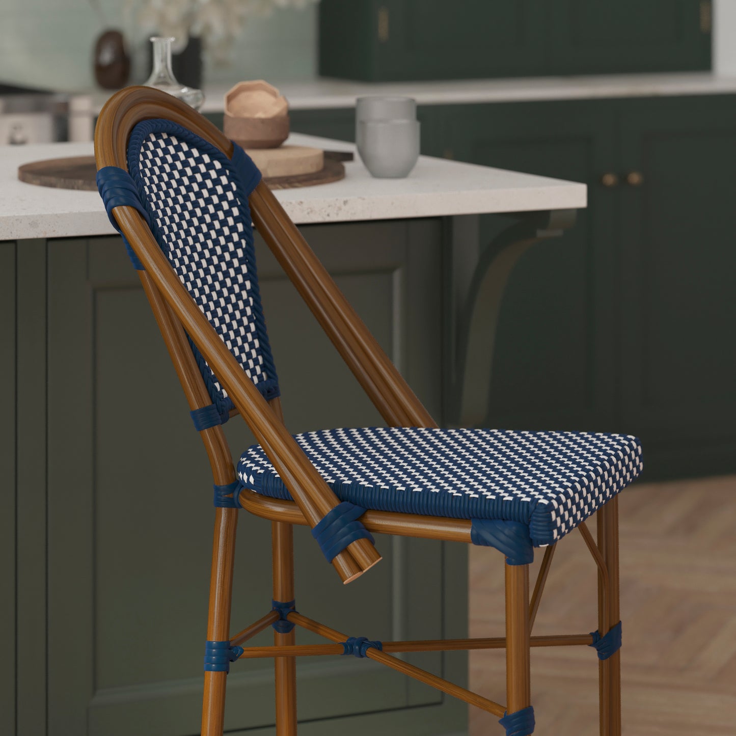 Bordeaux Stackable Indoor/Outdoor Bistro 26" High Counter Height Stool, Commercial Grade, Navy/White and Bamboo Finish Navy & White/Natural Frame