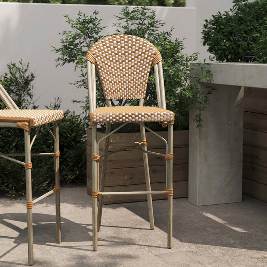 Lourdes Stackable Indoor/Outdoor Bistro 30" High Barstool, Commercial Grade, Natural/White and Light Natural Finish Natural & White/Light Natural Frame