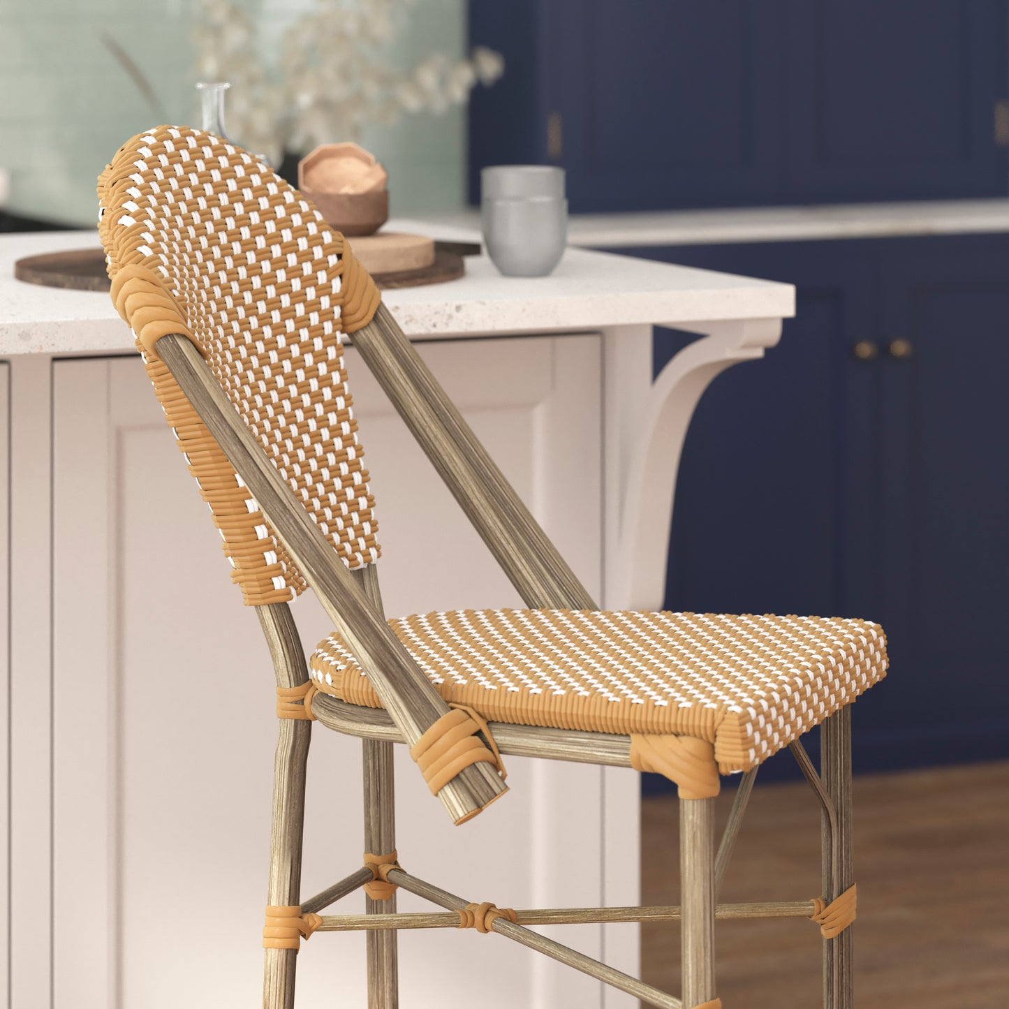 Lourdes Stackable Indoor/Outdoor Bistro 30" High Barstool, Commercial Grade, Natural/White and Light Natural Finish Natural & White/Light Natural Frame