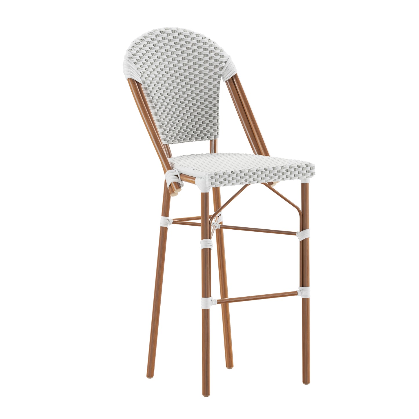 Lourdes Stackable Indoor/Outdoor Bistro 30" High Barstool, Commercial Grade, White/Gray and Bamboo Finish White & Gray/Natural Frame