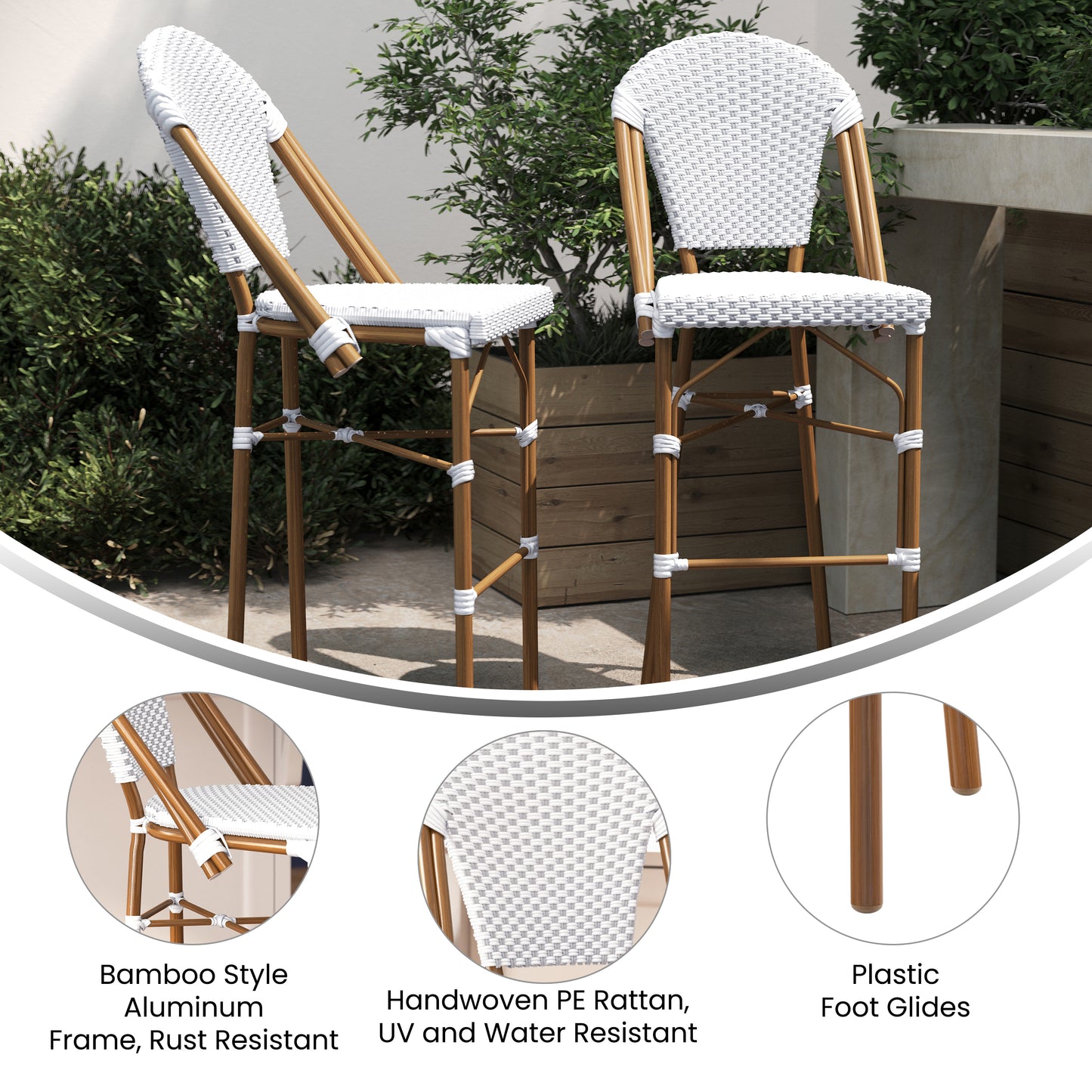 Lourdes Stackable Indoor/Outdoor Bistro 30" High Barstool, Commercial Grade, White/Gray and Bamboo Finish White & Gray/Natural Frame