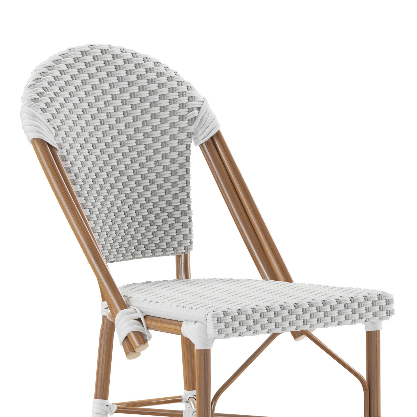 Lourdes Stackable Indoor/Outdoor Bistro 30" High Barstool, Commercial Grade, White/Gray and Bamboo Finish White & Gray/Natural Frame