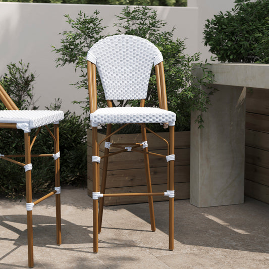 Lourdes Stackable Indoor/Outdoor Bistro 30" High Barstool, Commercial Grade, White/Gray and Bamboo Finish White & Gray/Natural Frame