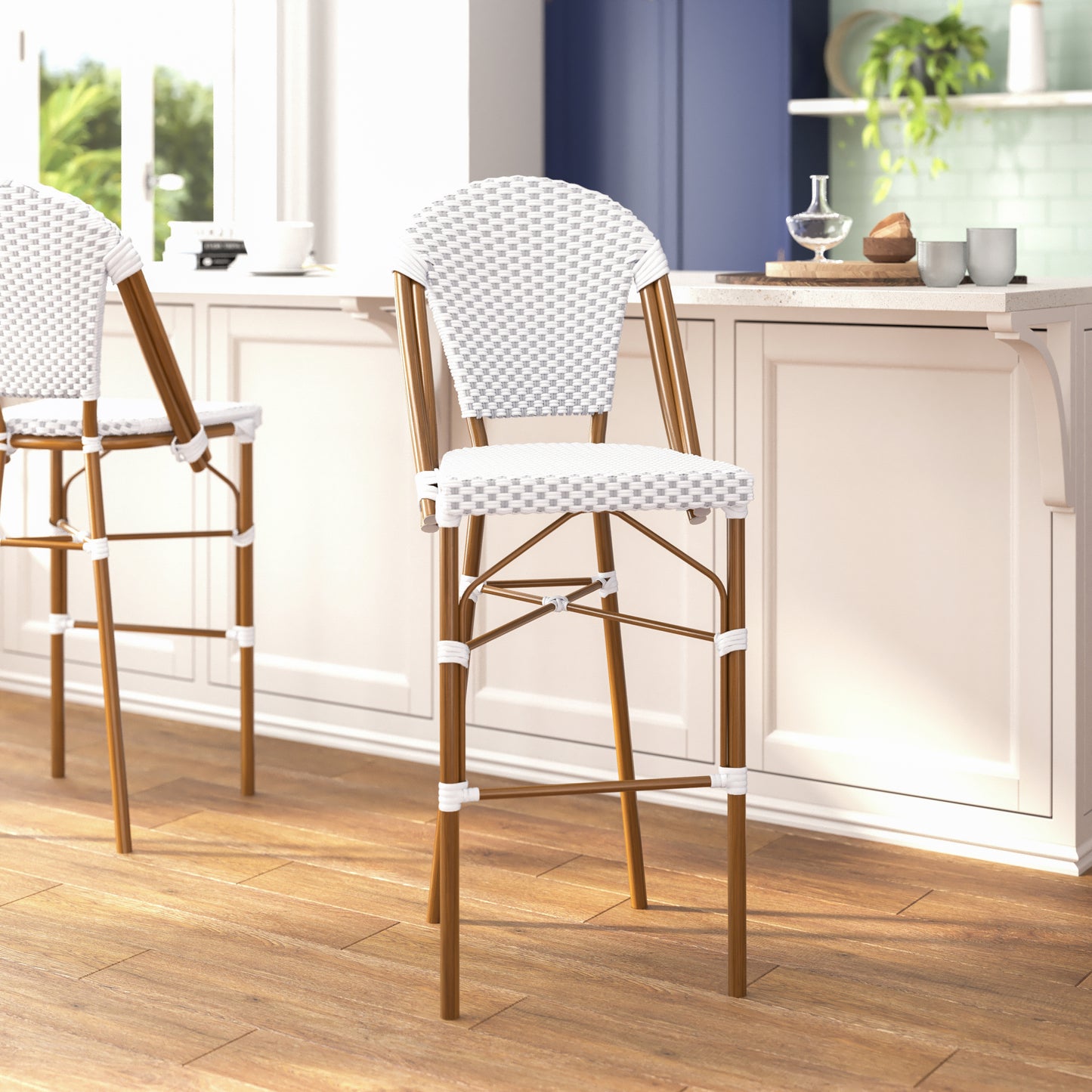 Lourdes Stackable Indoor/Outdoor Bistro 30" High Barstool, Commercial Grade, White/Gray and Bamboo Finish White & Gray/Natural Frame