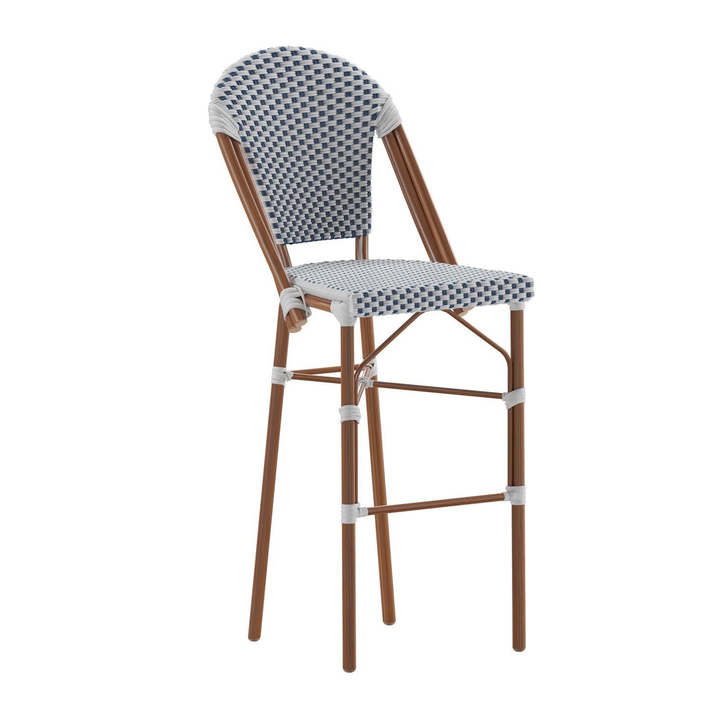 Lourdes Stackable Indoor/Outdoor Bistro 30" High Barstool, Commercial Grade, White/Navy and Bamboo Finish White & Navy/Natural Frame