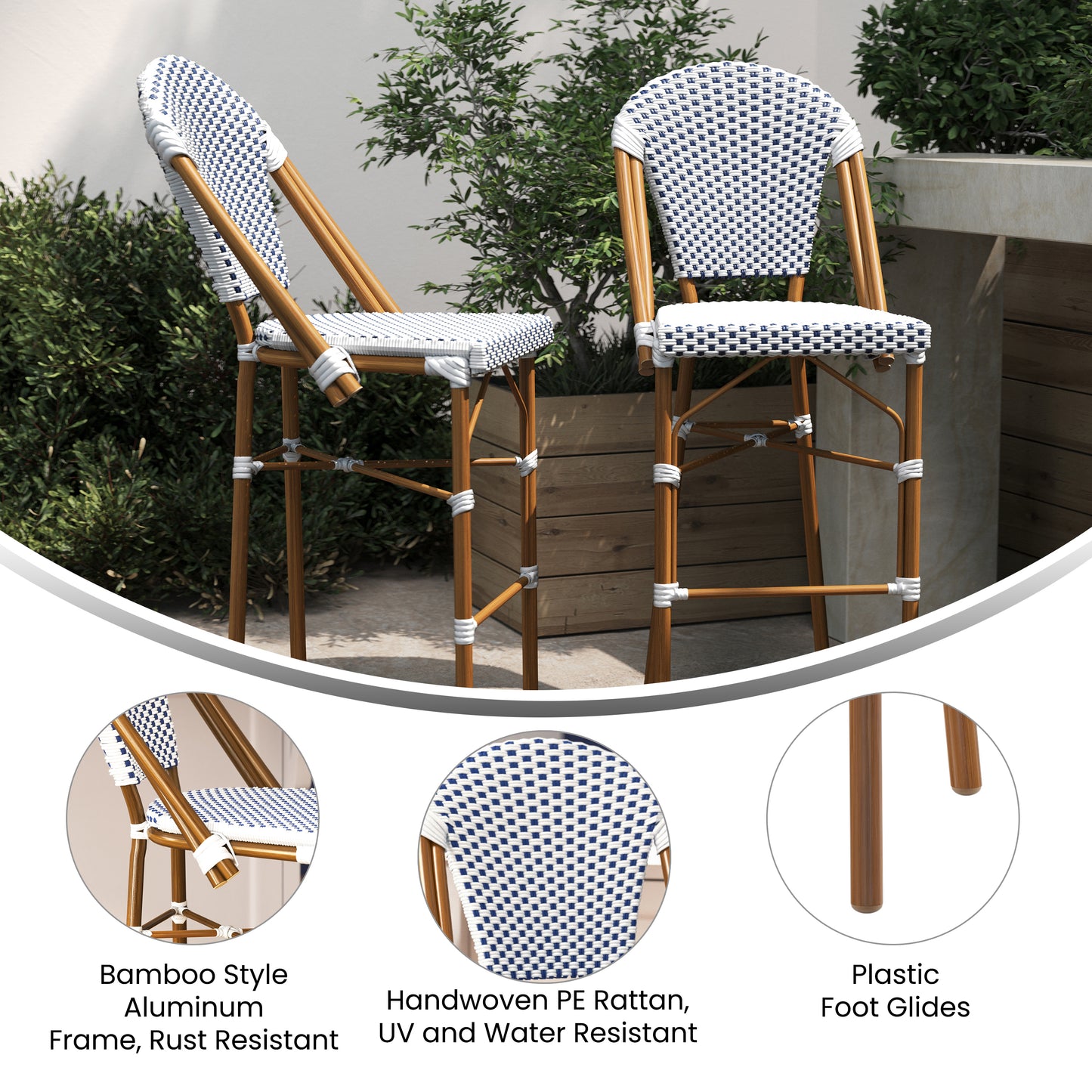 Lourdes Stackable Indoor/Outdoor Bistro 30" High Barstool, Commercial Grade, White/Navy and Bamboo Finish White & Navy/Natural Frame