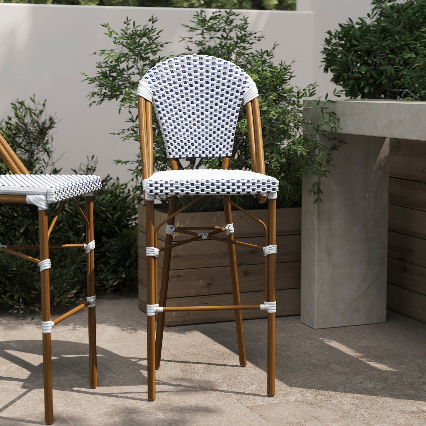 Lourdes Stackable Indoor/Outdoor Bistro 30" High Barstool, Commercial Grade, White/Navy and Bamboo Finish White & Navy/Natural Frame