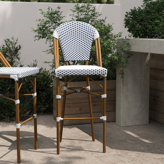 Lourdes Stackable Indoor/Outdoor Bistro 30" High Barstool, Commercial Grade, White/Navy and Bamboo Finish White & Navy/Natural Frame