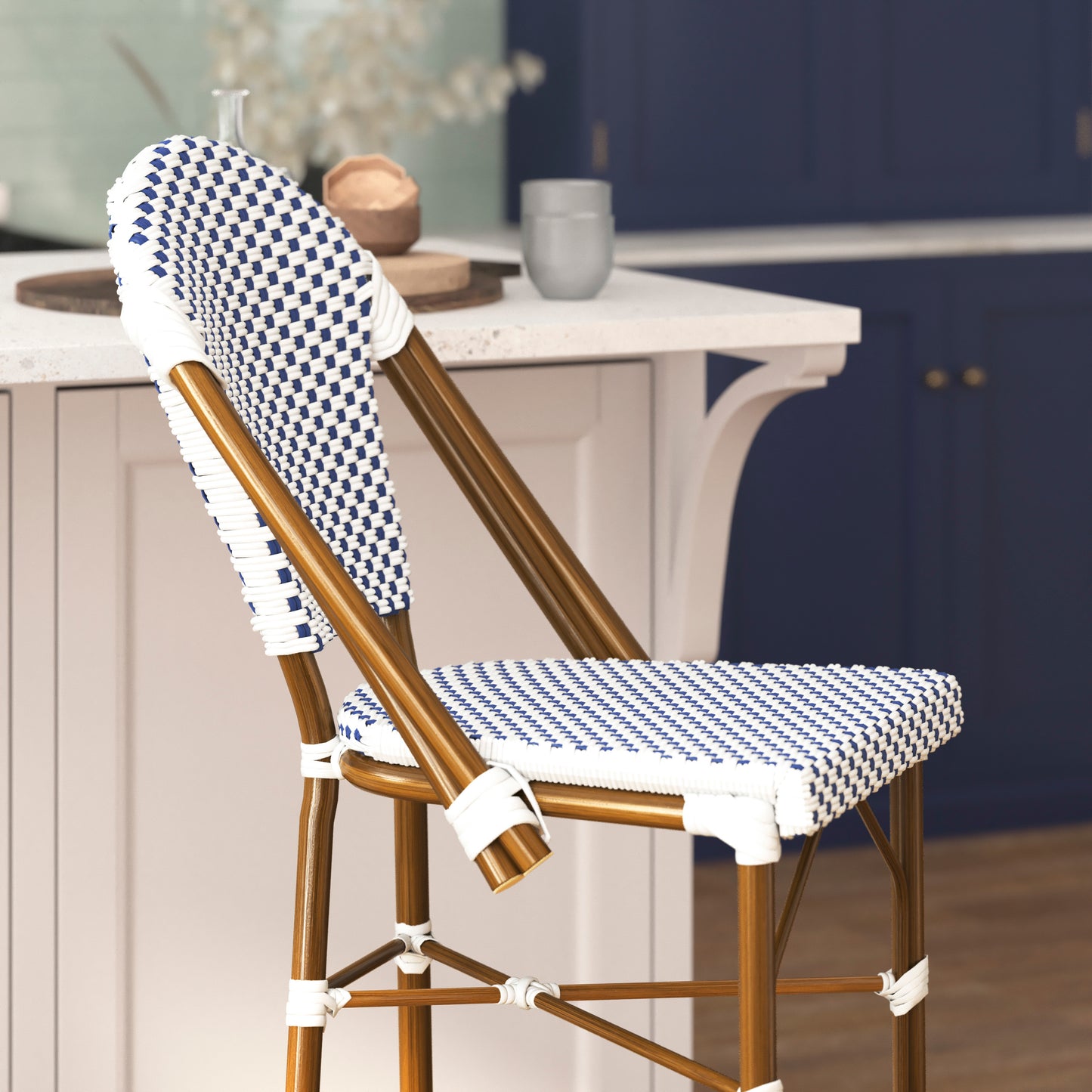 Lourdes Stackable Indoor/Outdoor Bistro 30" High Barstool, Commercial Grade, White/Navy and Bamboo Finish White & Navy/Natural Frame