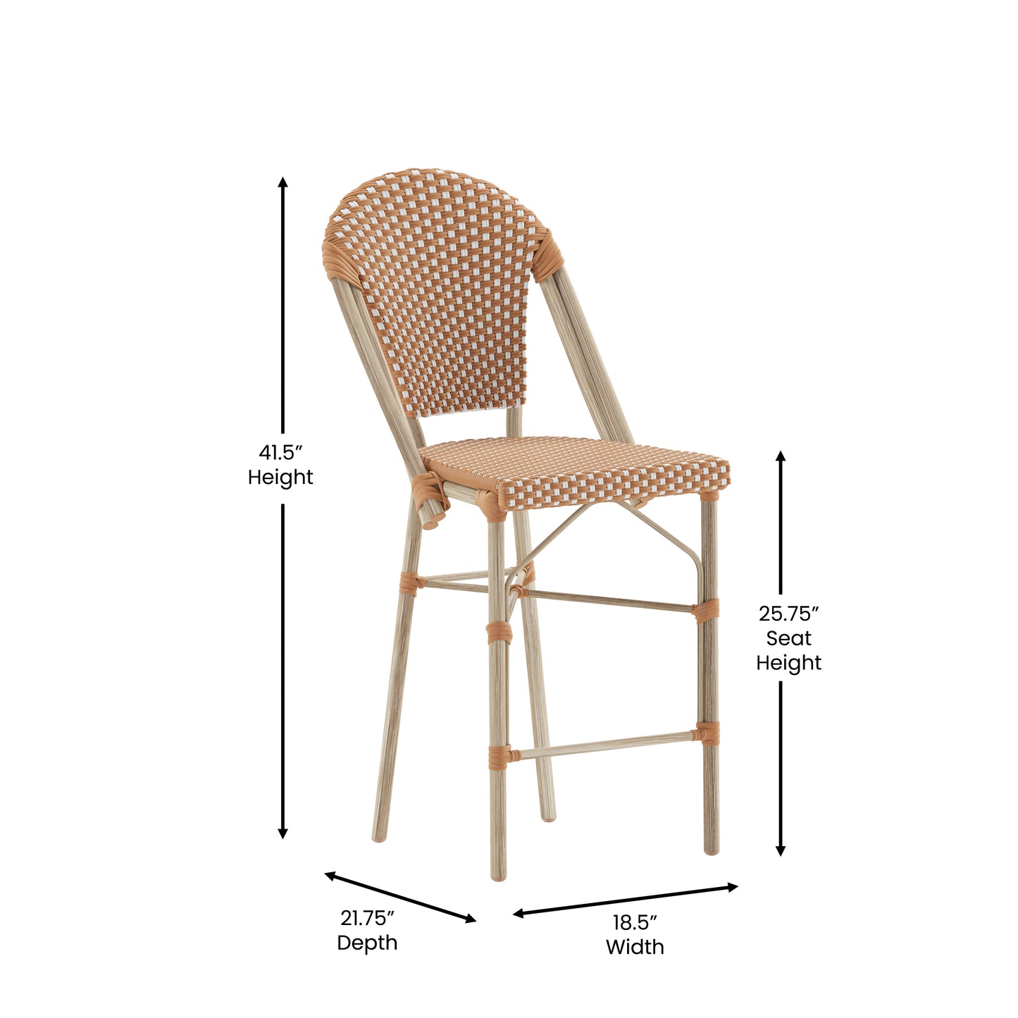 Lourdes Stackable Indoor/Outdoor Bistro 26" High Counter Height Stool, Commercial Grade, Natural/White and Light Natural Finish Natural & White/Light Natural Frame