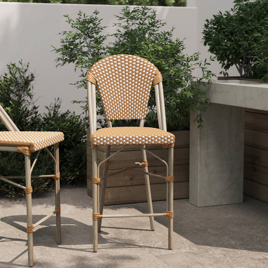 Lourdes Stackable Indoor/Outdoor Bistro 26" High Counter Height Stool, Commercial Grade, Natural/White and Light Natural Finish Natural & White/Light Natural Frame