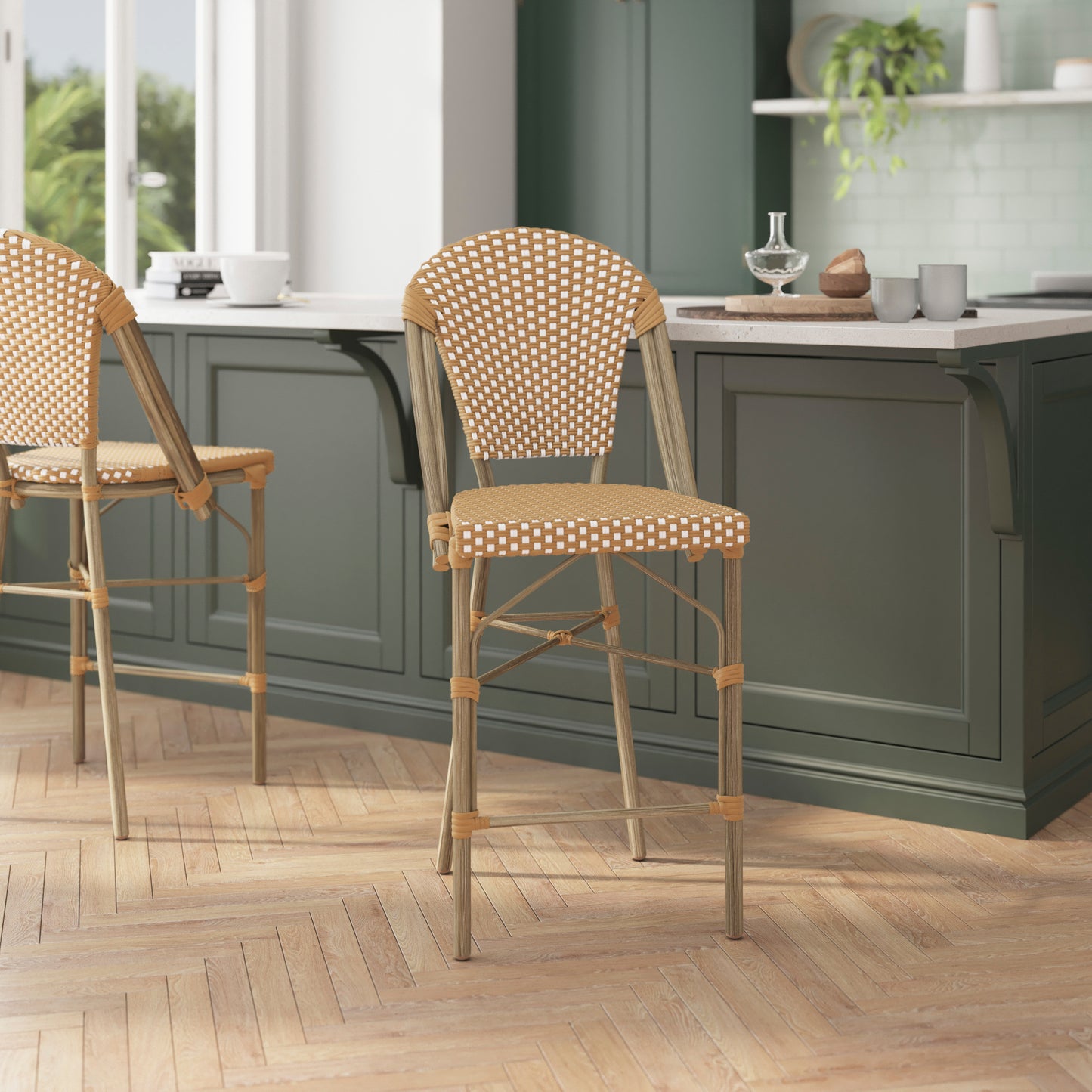 Lourdes Stackable Indoor/Outdoor Bistro 26" High Counter Height Stool, Commercial Grade, Natural/White and Light Natural Finish Natural & White/Light Natural Frame