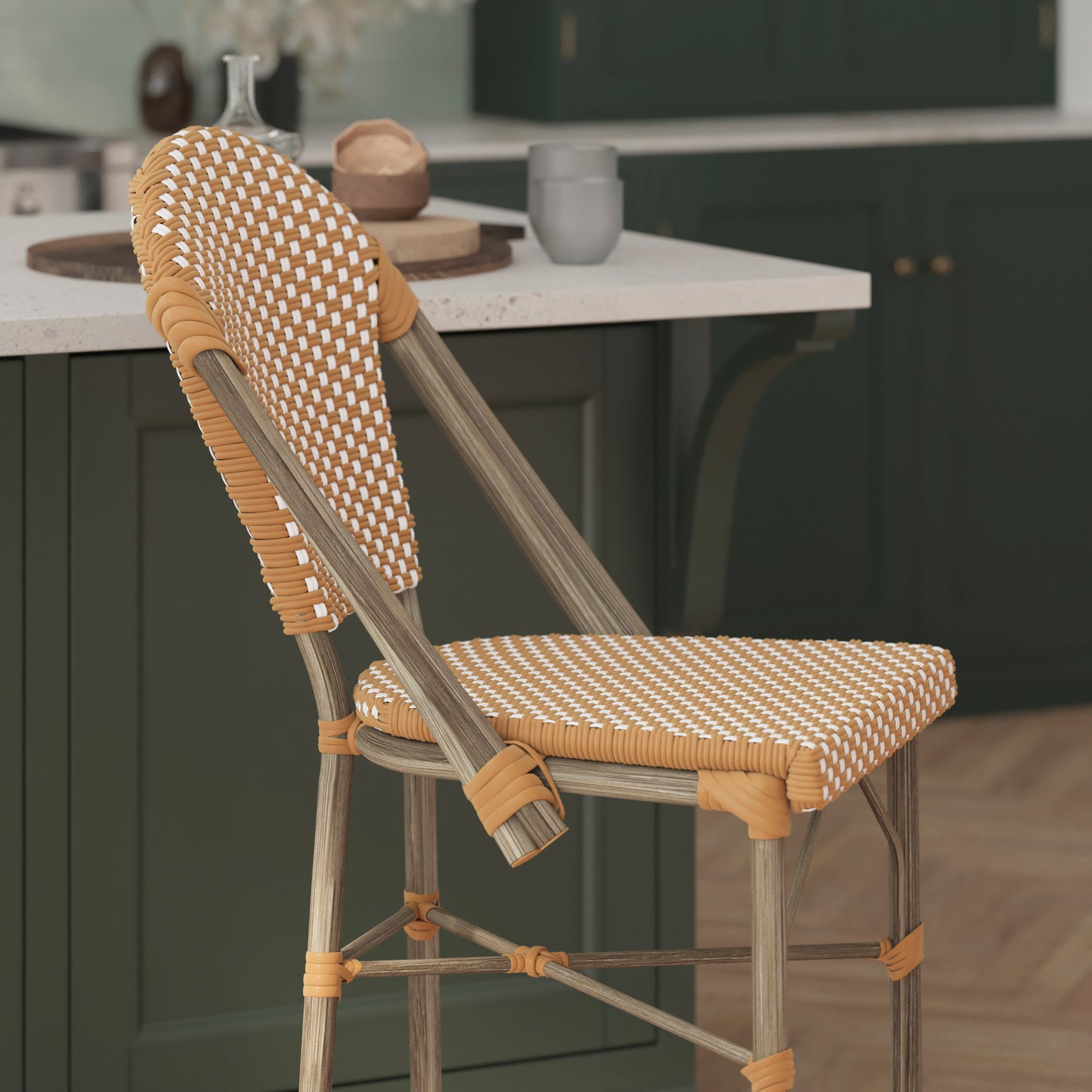 Lourdes Stackable Indoor/Outdoor Bistro 26" High Counter Height Stool, Commercial Grade, Natural/White and Light Natural Finish Natural & White/Light Natural Frame