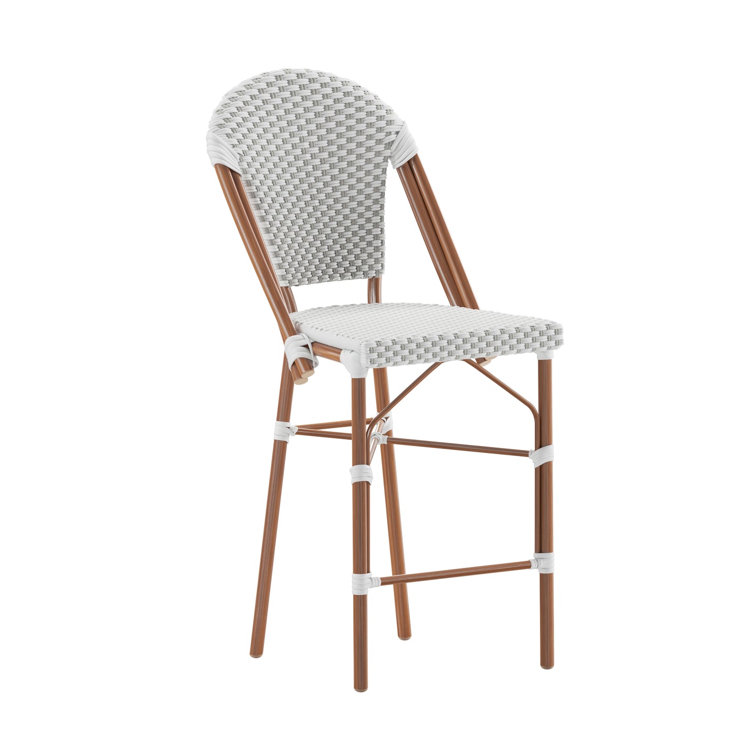 Lourdes Stackable Indoor/Outdoor Bistro 26" High Counter Height Stool, Commercial Grade, White/Gray and Bamboo Finish White & Gray/Natural Frame
