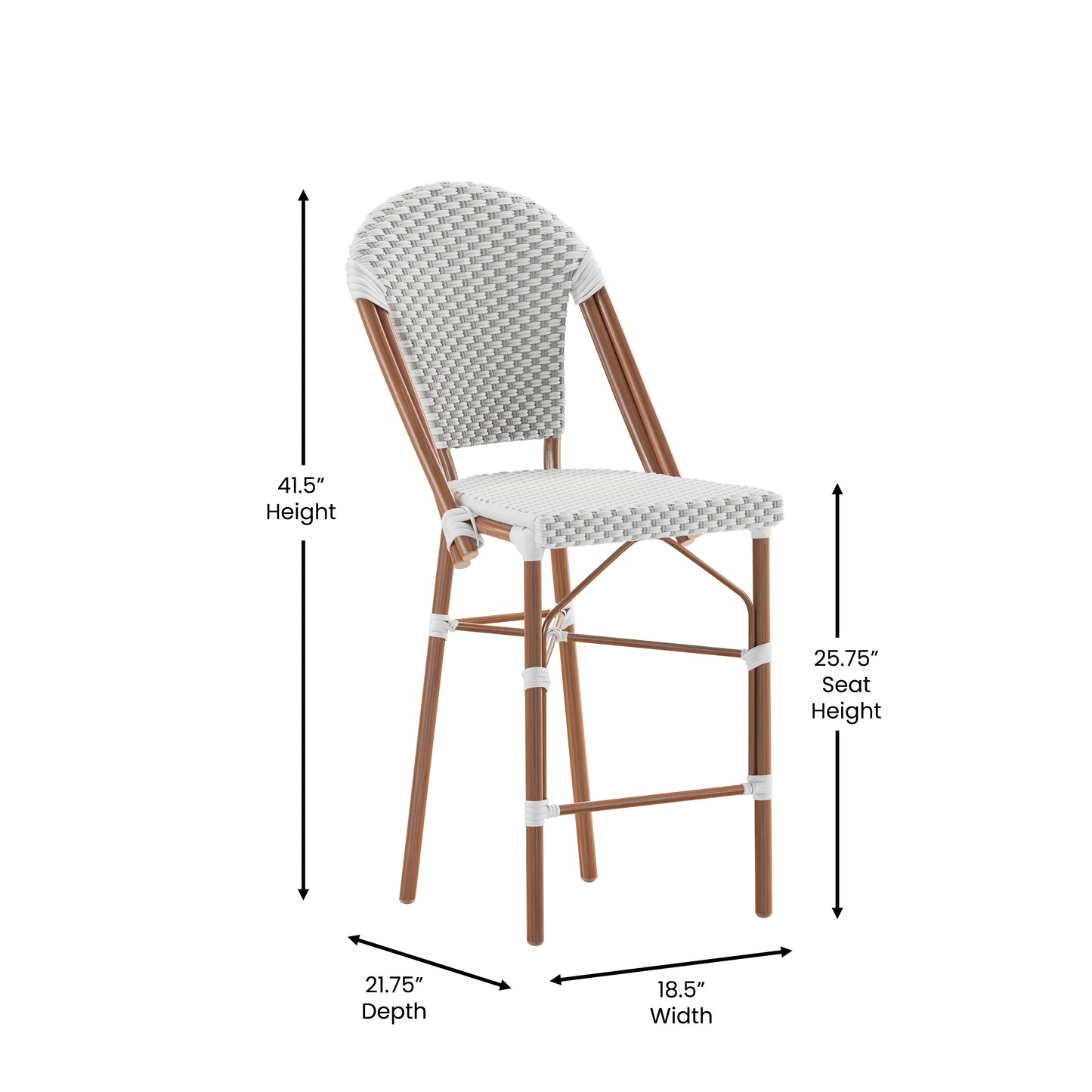 Lourdes Stackable Indoor/Outdoor Bistro 26" High Counter Height Stool, Commercial Grade, White/Gray and Bamboo Finish White & Gray/Natural Frame