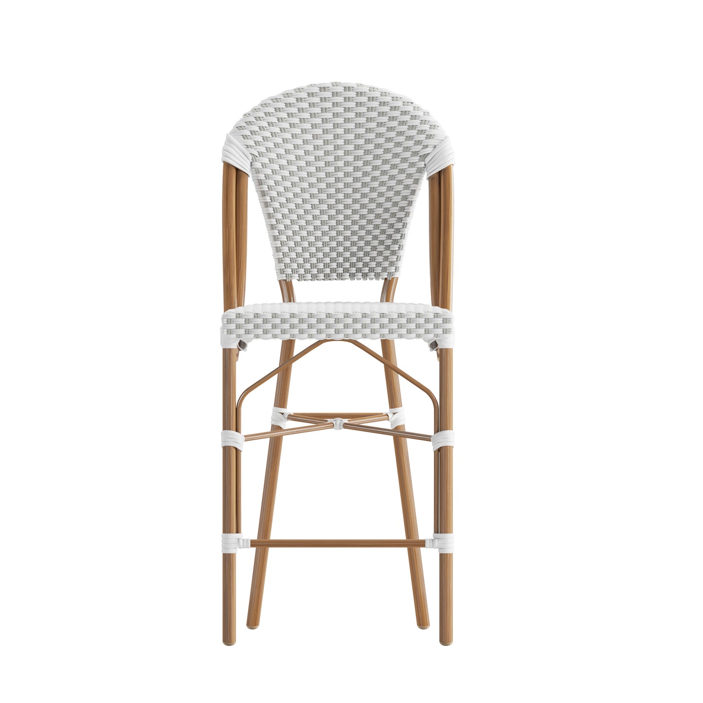 Lourdes Stackable Indoor/Outdoor Bistro 26" High Counter Height Stool, Commercial Grade, White/Gray and Bamboo Finish White & Gray/Natural Frame