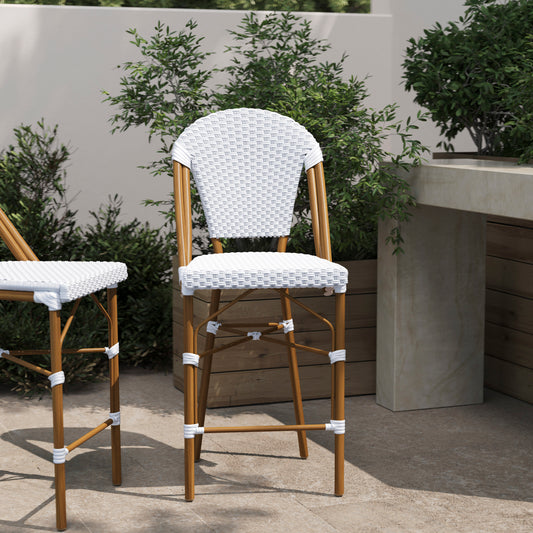 Lourdes Stackable Indoor/Outdoor Bistro 26" High Counter Height Stool, Commercial Grade, White/Gray and Bamboo Finish White & Gray/Natural Frame