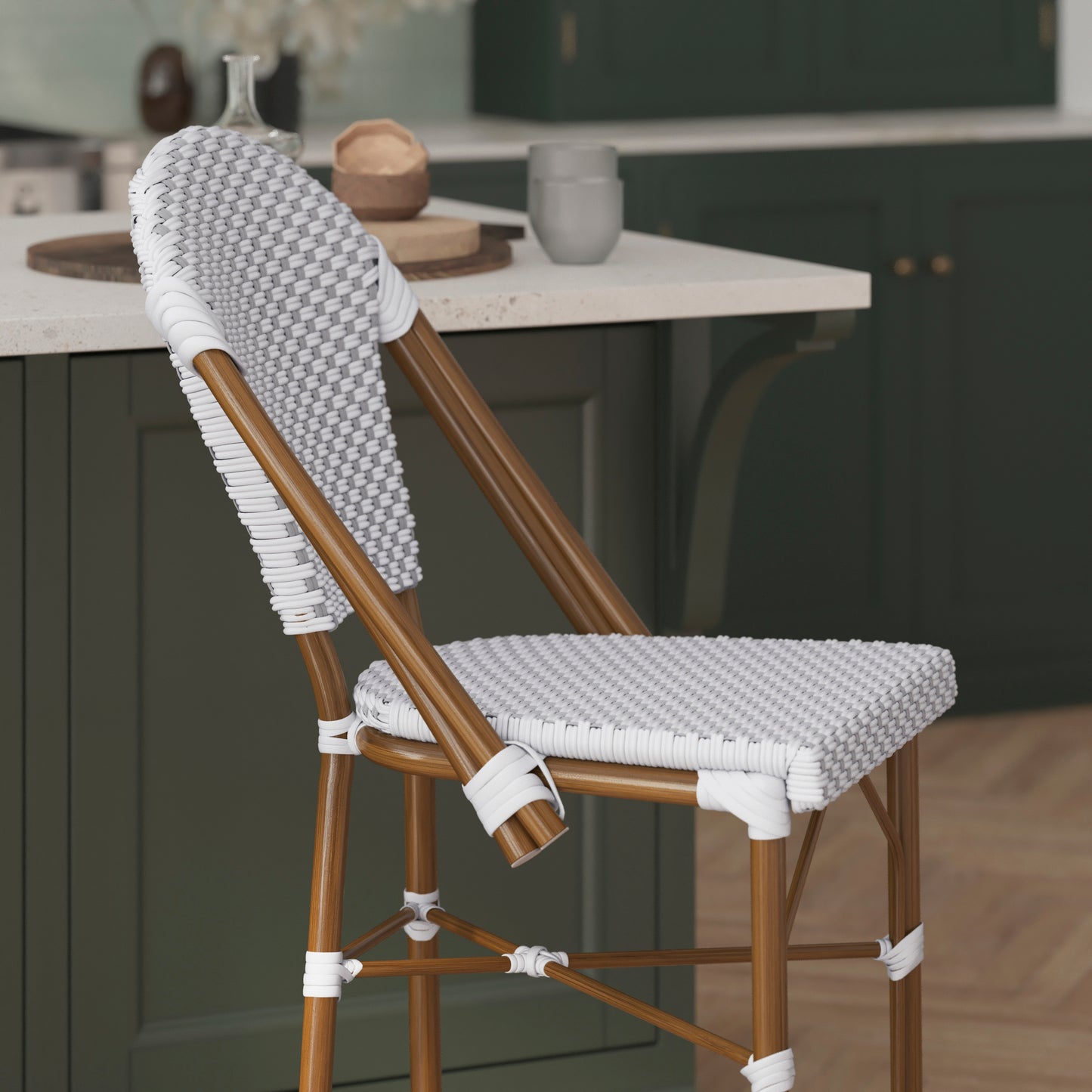 Lourdes Stackable Indoor/Outdoor Bistro 26" High Counter Height Stool, Commercial Grade, White/Gray and Bamboo Finish White & Gray/Natural Frame