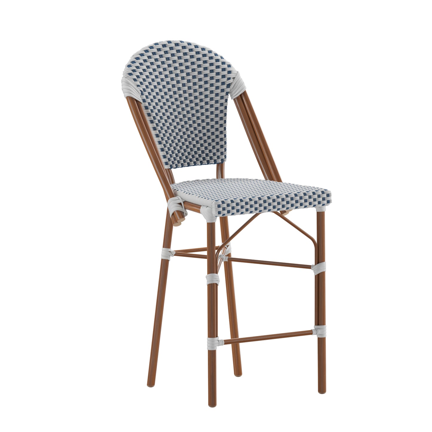Lourdes Stackable Indoor/Outdoor Bistro 26" High Counter Height Stool, Commercial Grade, White/Navy and Bamboo Finish White & Navy/Natural Frame