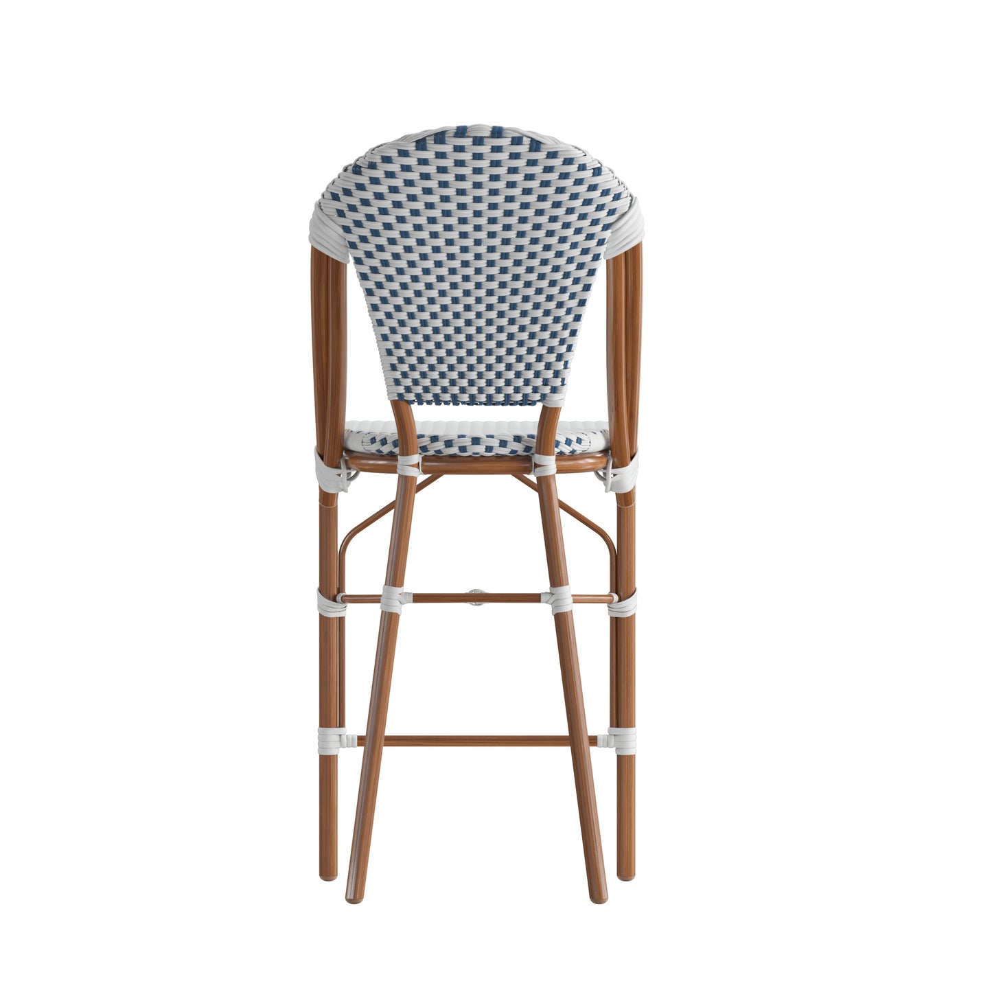 Lourdes Stackable Indoor/Outdoor Bistro 26" High Counter Height Stool, Commercial Grade, White/Navy and Bamboo Finish White & Navy/Natural Frame