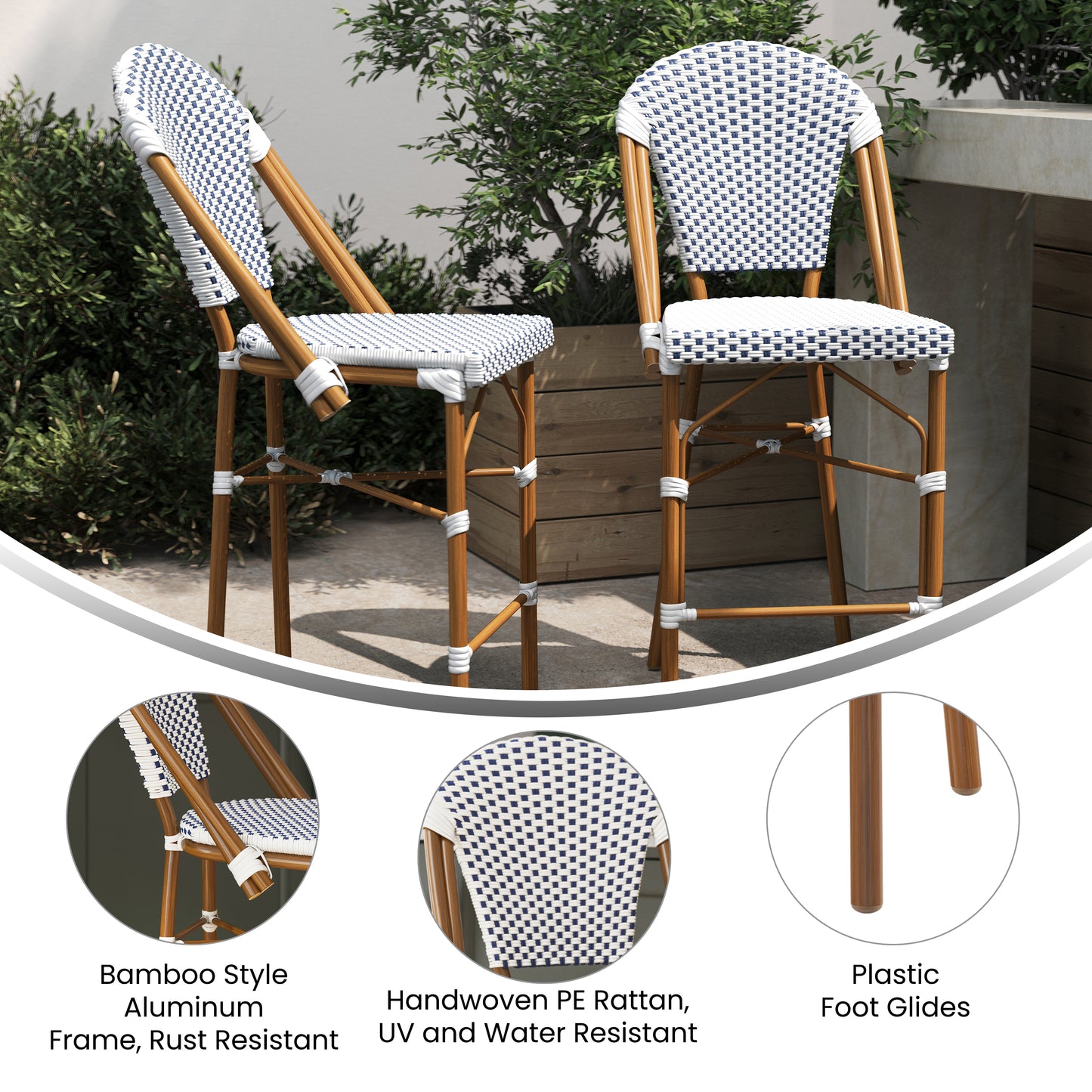 Lourdes Stackable Indoor/Outdoor Bistro 26" High Counter Height Stool, Commercial Grade, White/Navy and Bamboo Finish White & Navy/Natural Frame