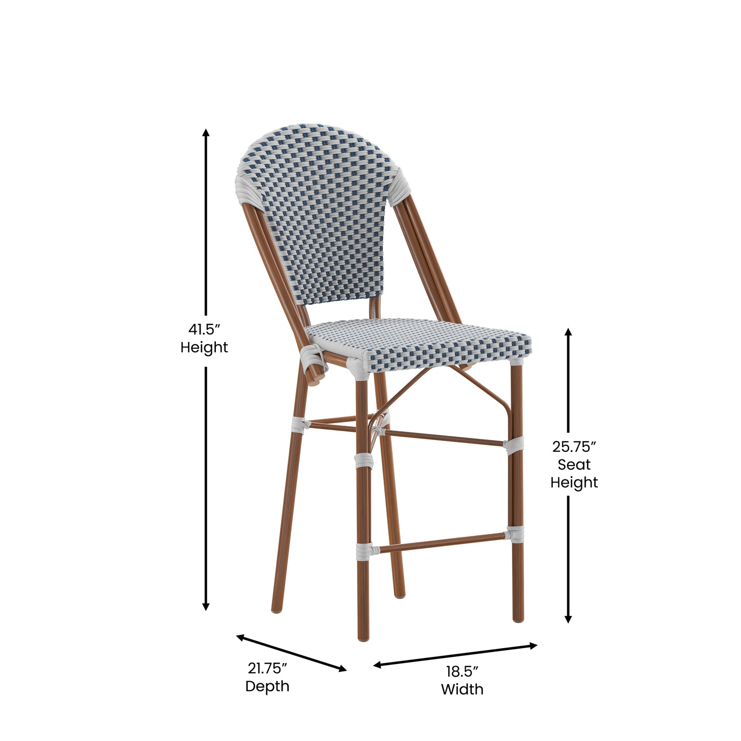 Lourdes Stackable Indoor/Outdoor Bistro 26" High Counter Height Stool, Commercial Grade, White/Navy and Bamboo Finish White & Navy/Natural Frame
