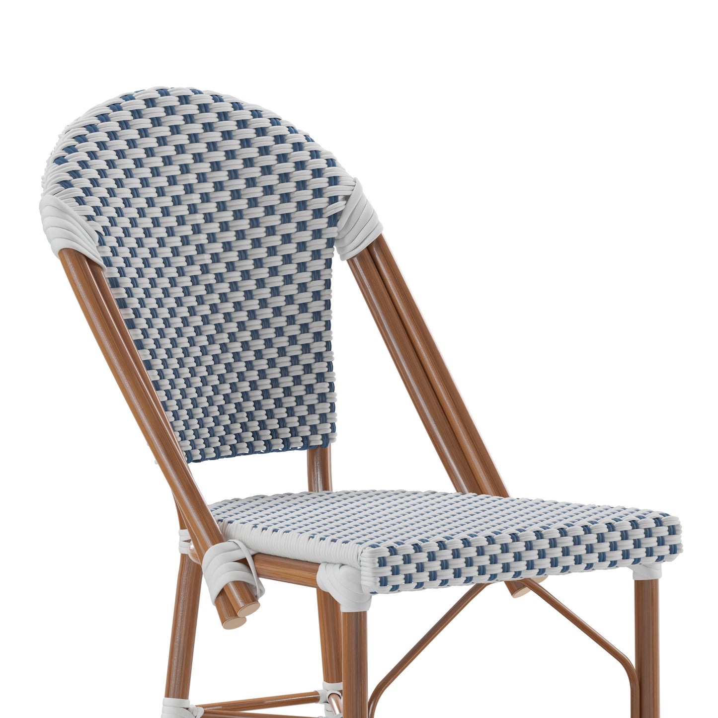 Lourdes Stackable Indoor/Outdoor Bistro 26" High Counter Height Stool, Commercial Grade, White/Navy and Bamboo Finish White & Navy/Natural Frame