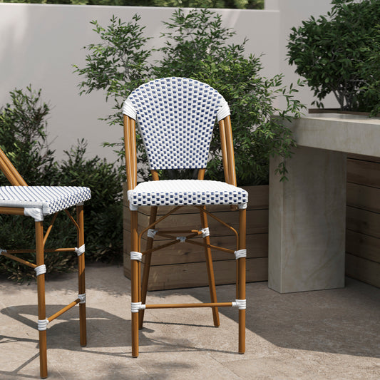 Lourdes Stackable Indoor/Outdoor Bistro 26" High Counter Height Stool, Commercial Grade, White/Navy and Bamboo Finish White & Navy/Natural Frame