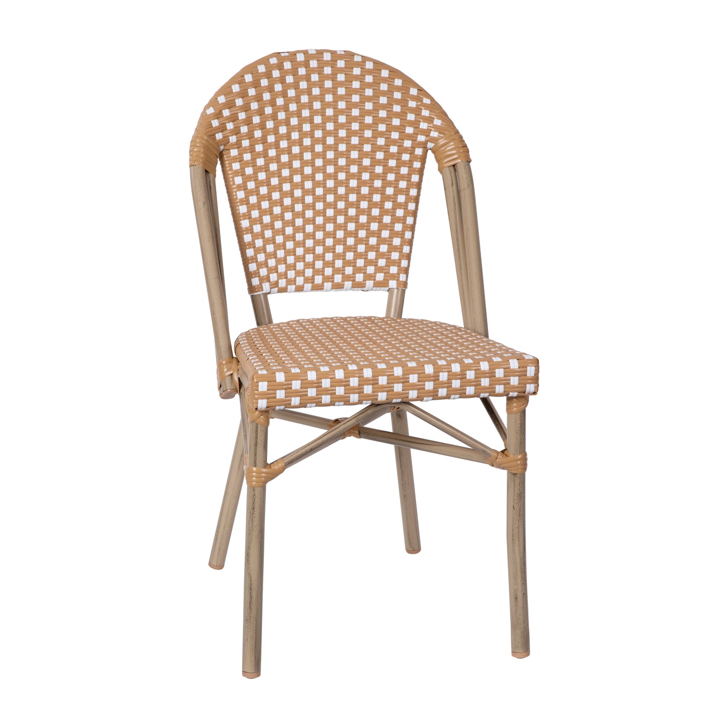 Lourdes Indoor/Outdoor Commercial Bistro Stacking Chair, Natural/White PE Rattan Back and Seat, Bamboo Print Aluminum Frame in Light Natural Natural & White/Light Natural Frame