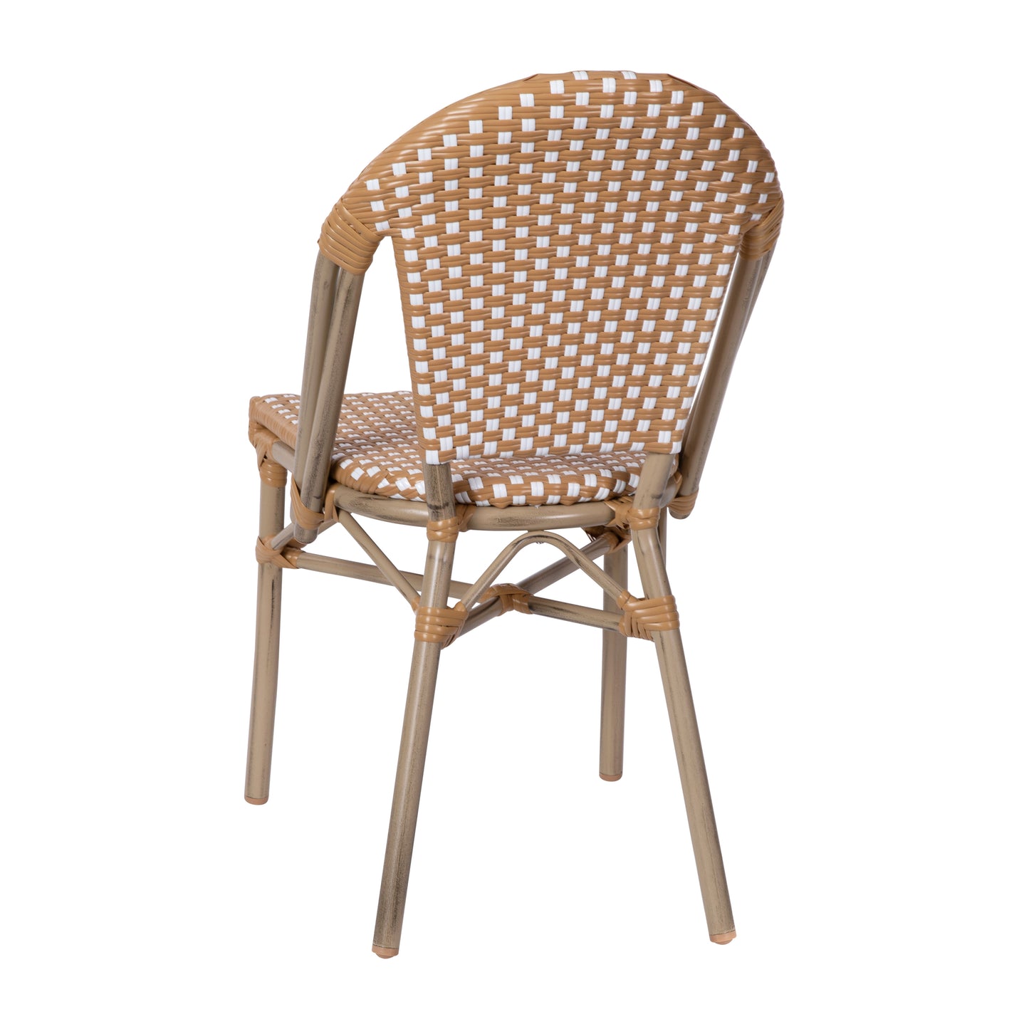 Lourdes Indoor/Outdoor Commercial Bistro Stacking Chair, Natural/White PE Rattan Back and Seat, Bamboo Print Aluminum Frame in Light Natural Natural & White/Light Natural Frame