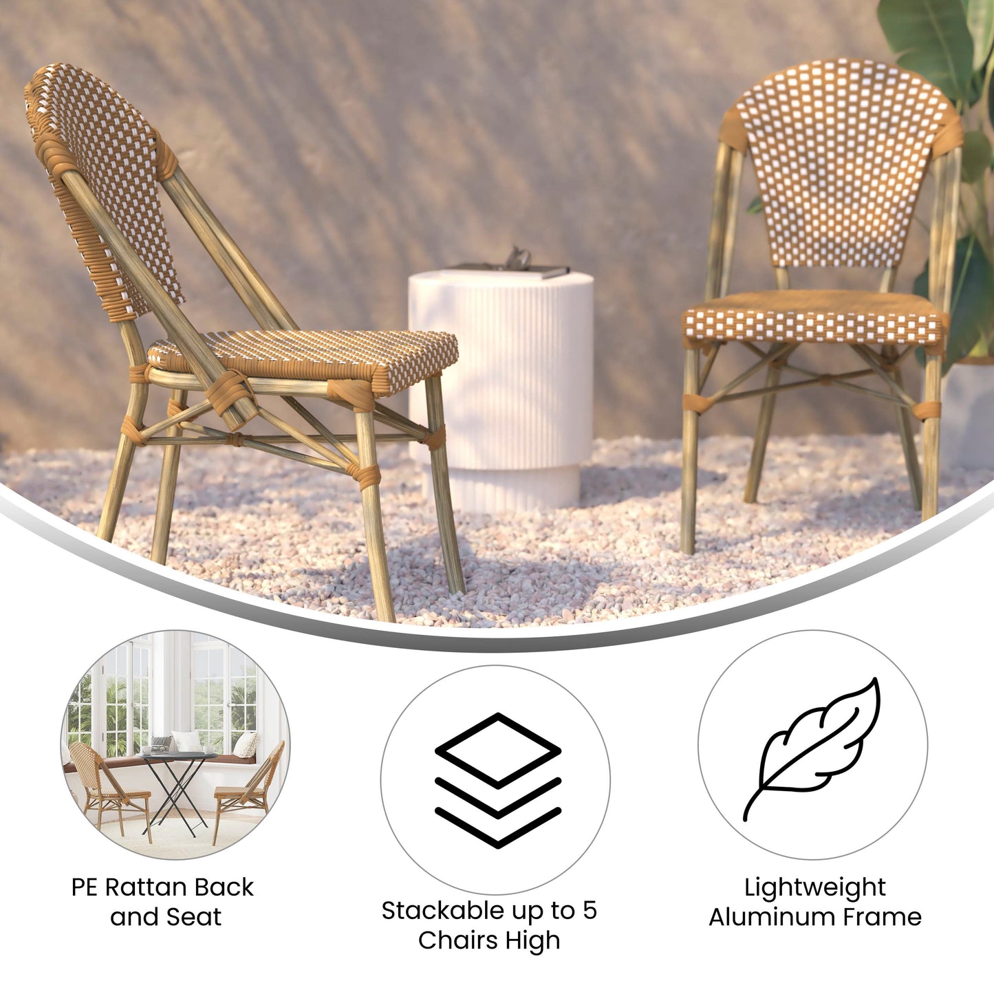 Lourdes Indoor/Outdoor Commercial Bistro Stacking Chair, Natural/White PE Rattan Back and Seat, Bamboo Print Aluminum Frame in Light Natural Natural & White/Light Natural Frame