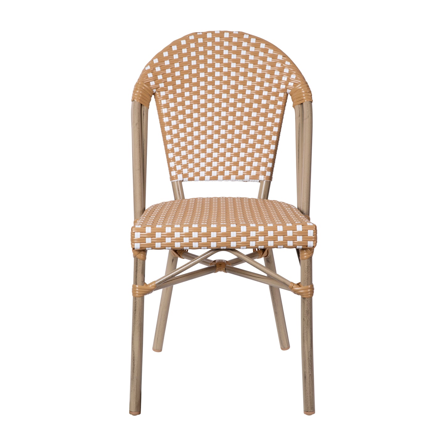 Lourdes Indoor/Outdoor Commercial Bistro Stacking Chair, Natural/White PE Rattan Back and Seat, Bamboo Print Aluminum Frame in Light Natural Natural & White/Light Natural Frame